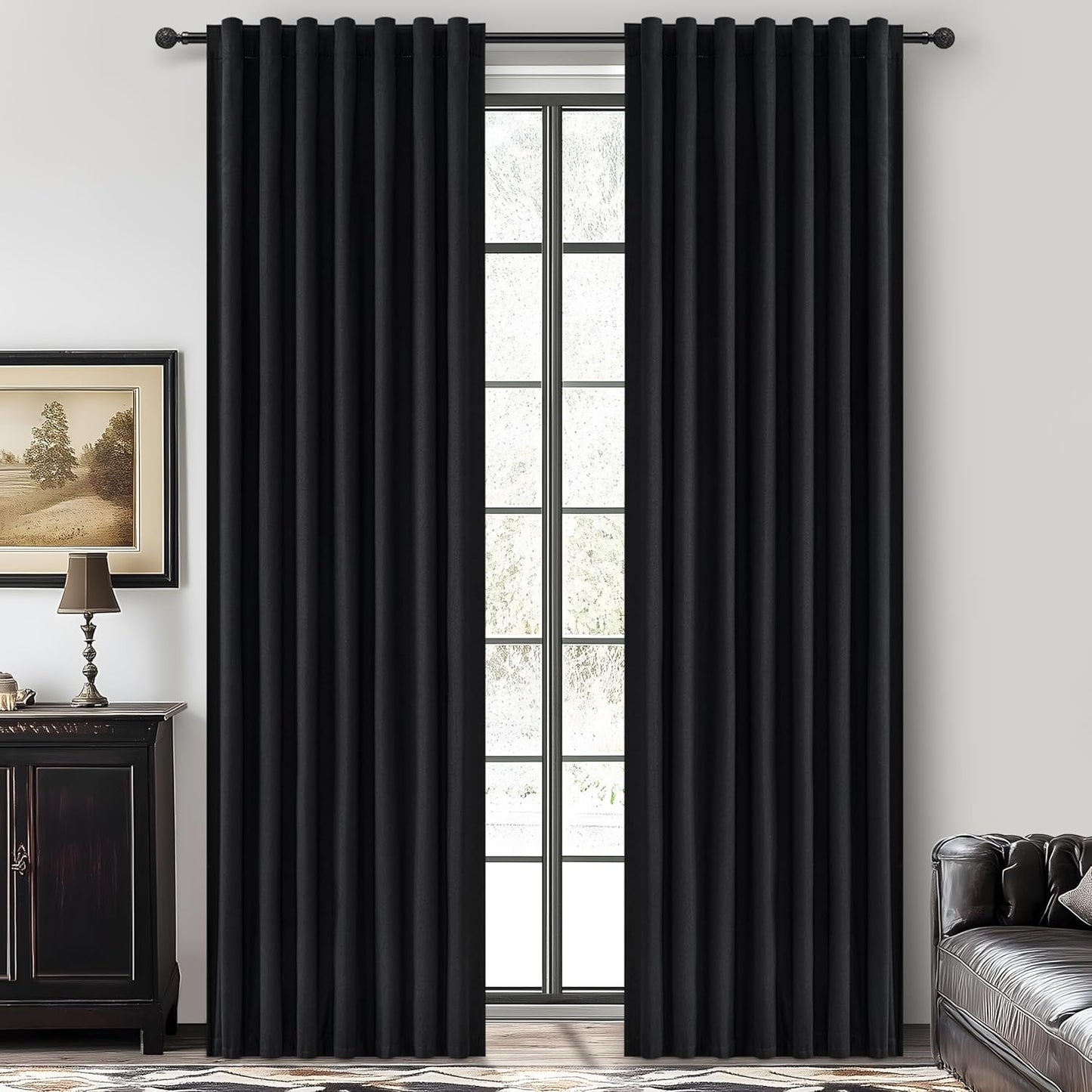 Natural Linen Blackout 92 Inch Bedroom Curtains 2 Panel Sets, Rustic Boho Cream Pleated Ceiling Track Curtain for Dining Room Heat Blocking Privacy Heavy Drape 92 Inches Long Oatmeal Back Tab