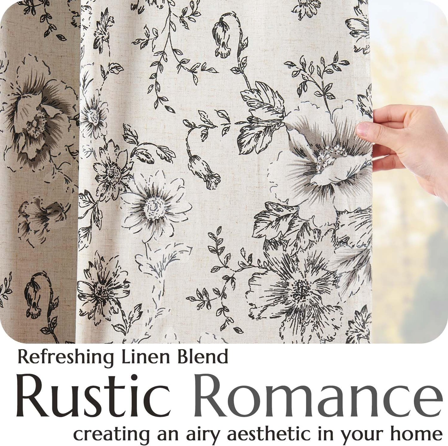 jinchan Blackout Linen Blend Curtain Floral Blackout Curtains for Living Room 84 Inch Length Black Printed with Lined Blackout Curtain for Bedroom Farmhouse Curtains Set 2 Panels