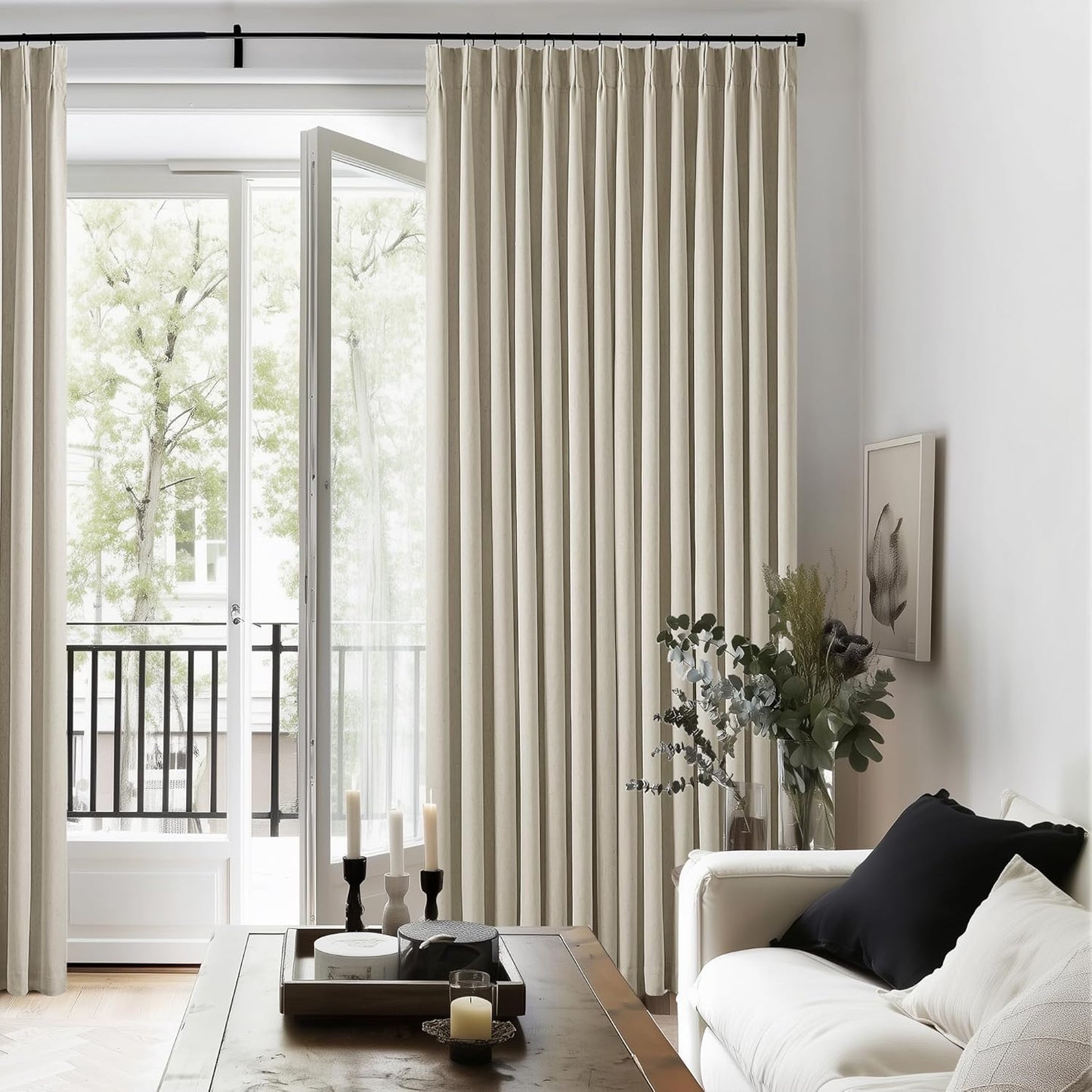 102 Inches Long Pinch Pleated Linen Blackout Curtains for Bedroom Back Tab Track Memory Trained Shape Farmhouse Light Blocking Curtains 102 Inch Length for Living Dining Room Darkening Drapes Cream