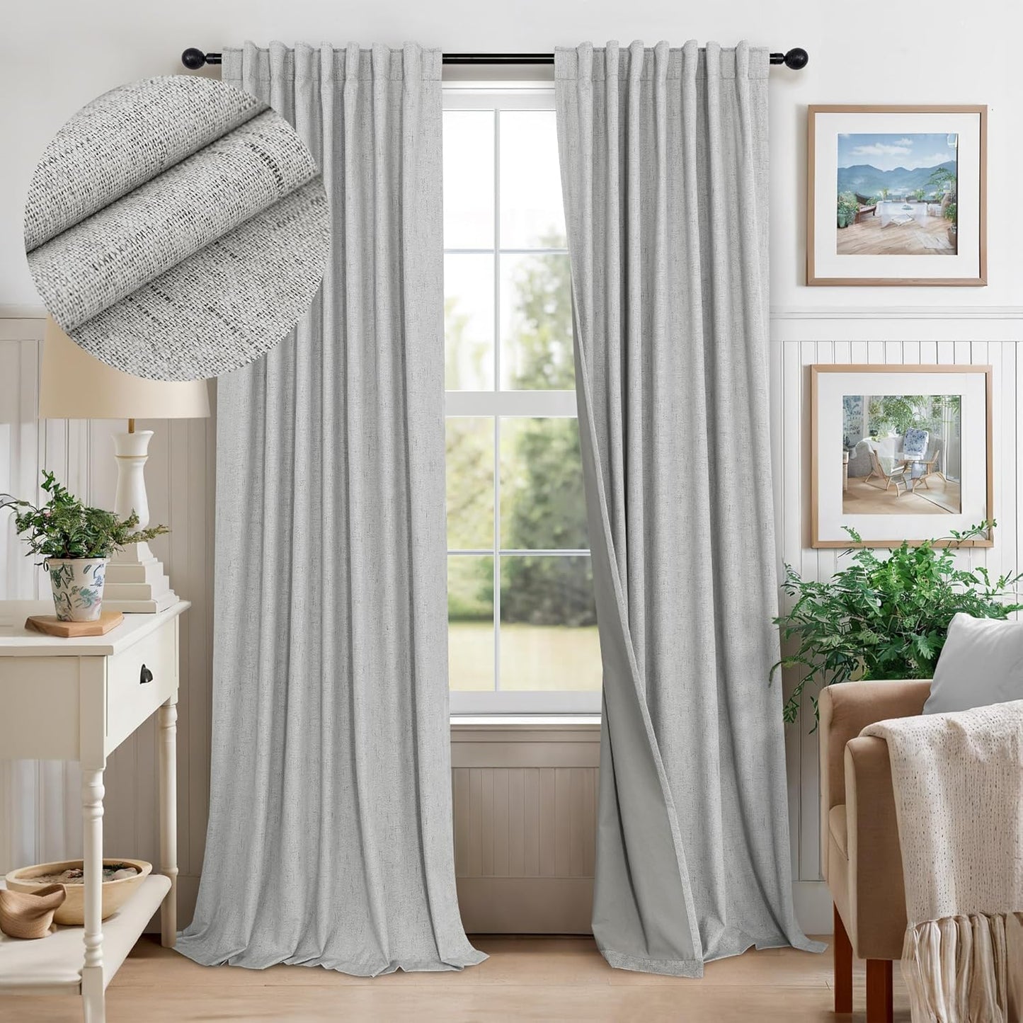 Cream Linen Black Out Curtains 70 Inches Extra Wide for Living Room 2 Panels Back Tab Pocket Pleated Ivory Blackout Bedroom for 72 Inches Window Curtain 84 Inch Long Thermal Room Darkening Heavy Drape