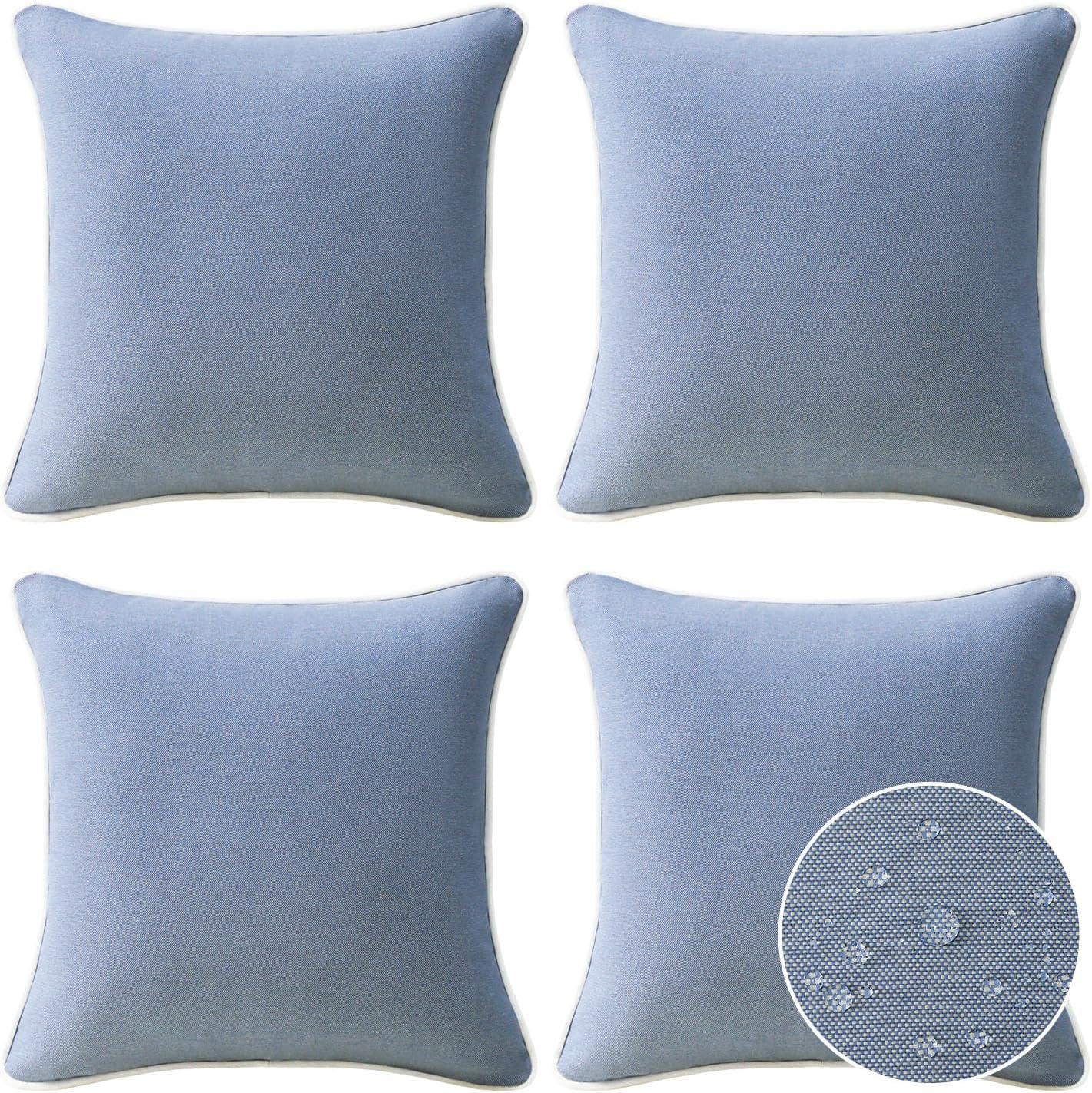 Decorative Outdoor Water Repellent Throw Pillows with Inserts, Set of 4, 18" x18" Pillows for Patio, Backyard, Bed, Couch, and Patio Furniture, Turquoise Stripe