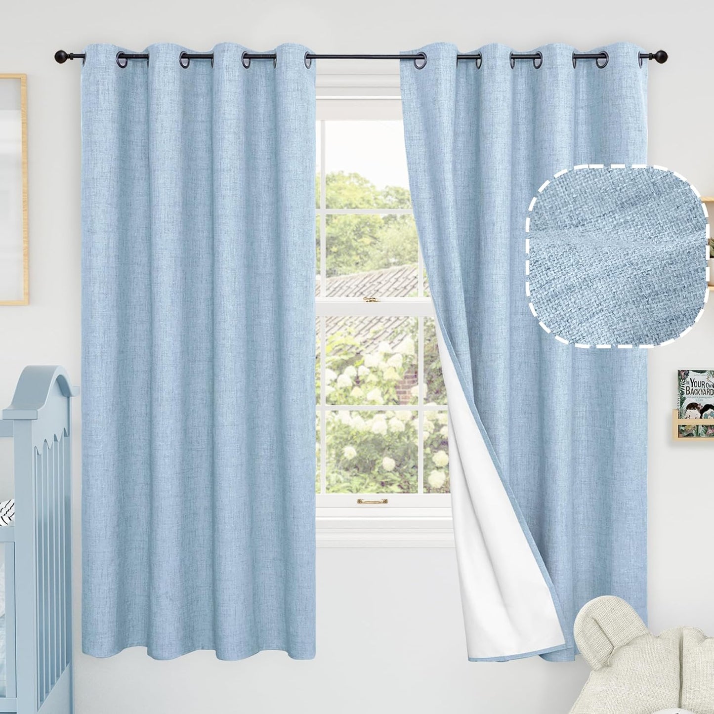 60 Inch Wide Linen Blackout Curtains for Living Room/Bedroom 84 Inch Length 2 Panels, Total Black Out Thermal Insulated Soundproof Grommet Boho Window Drapes White Liner for Modern Farmhouse, Natural
