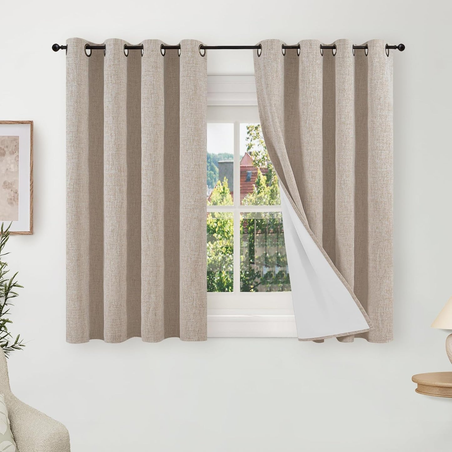 60 Inch Wide Linen Blackout Curtains for Living Room/Bedroom 84 Inch Length 2 Panels, Total Black Out Thermal Insulated Soundproof Grommet Boho Window Drapes White Liner for Modern Farmhouse, Natural