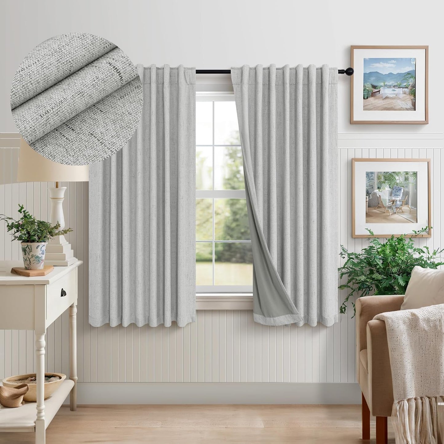 Cream Linen Black Out Curtains 70 Inches Extra Wide for Living Room 2 Panels Back Tab Pocket Pleated Ivory Blackout Bedroom for 72 Inches Window Curtain 84 Inch Long Thermal Room Darkening Heavy Drape