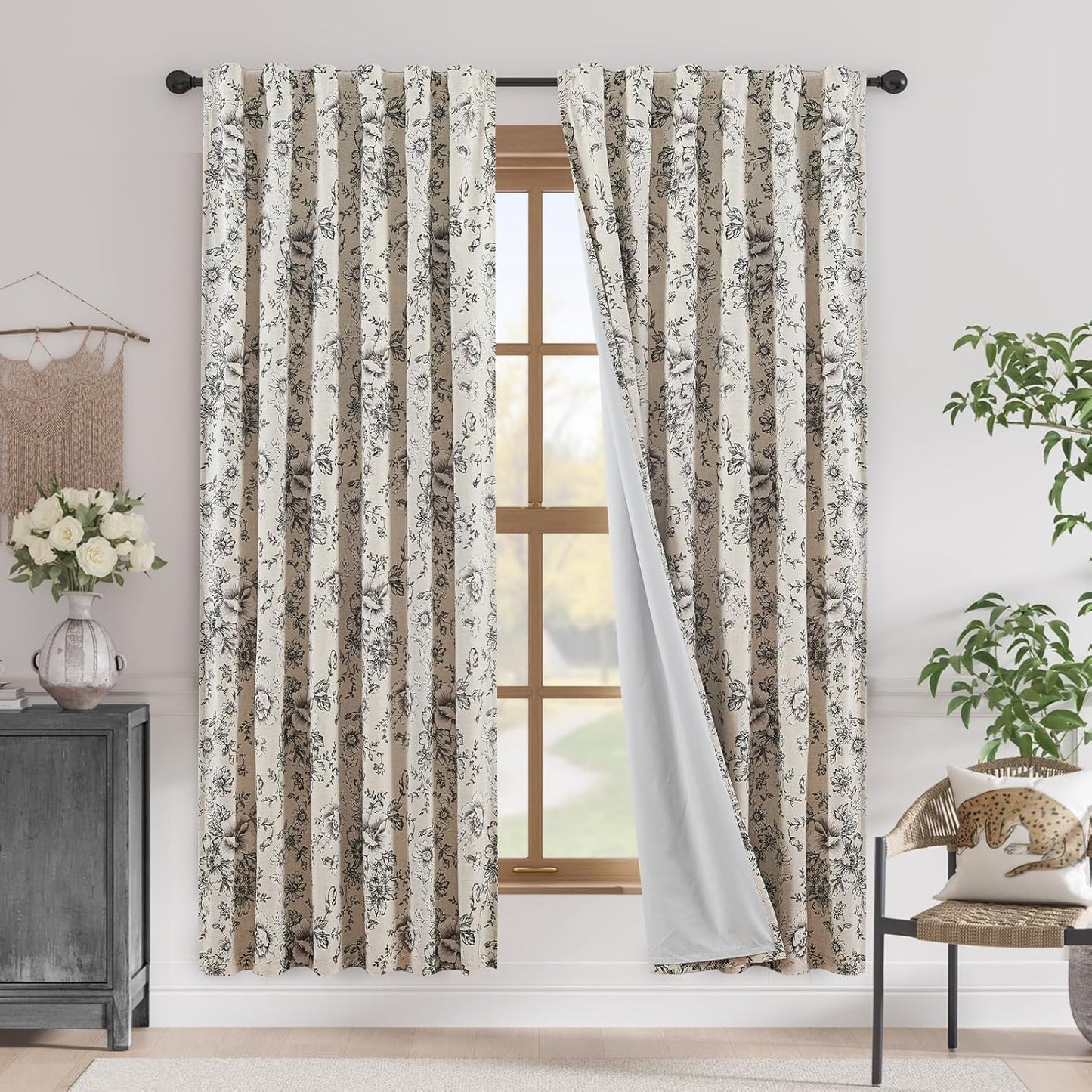 jinchan Blackout Linen Blend Curtain Floral Blackout Curtains for Living Room 84 Inch Length Black Printed with Lined Blackout Curtain for Bedroom Farmhouse Curtains Set 2 Panels