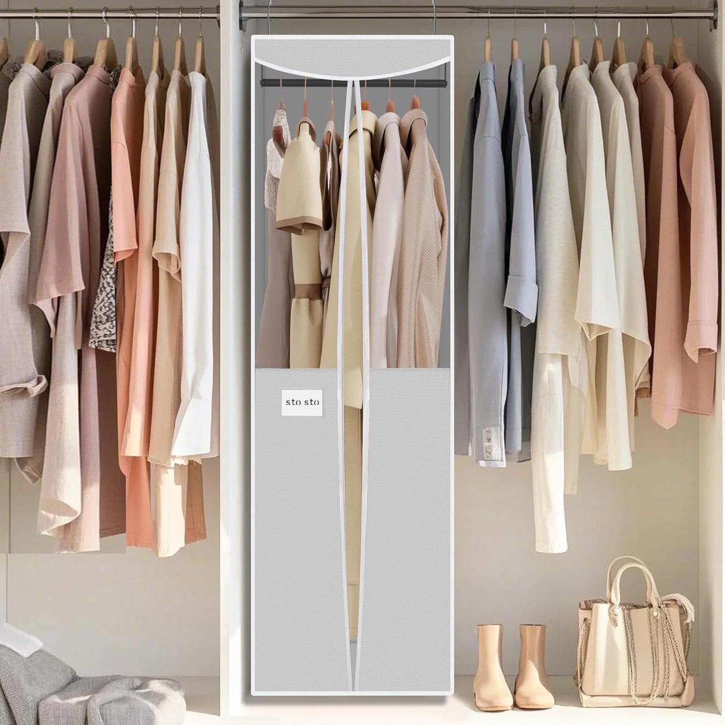 STO STO 2 Pack Garment Bag for Hanging Clothes Closet, Hanging Garment Cover with Built-in Steel Hanging Rod, Hanging Wardrobe Storage Bag for Suit, Dress with Clear Window, Zipper, ID Window, Gray