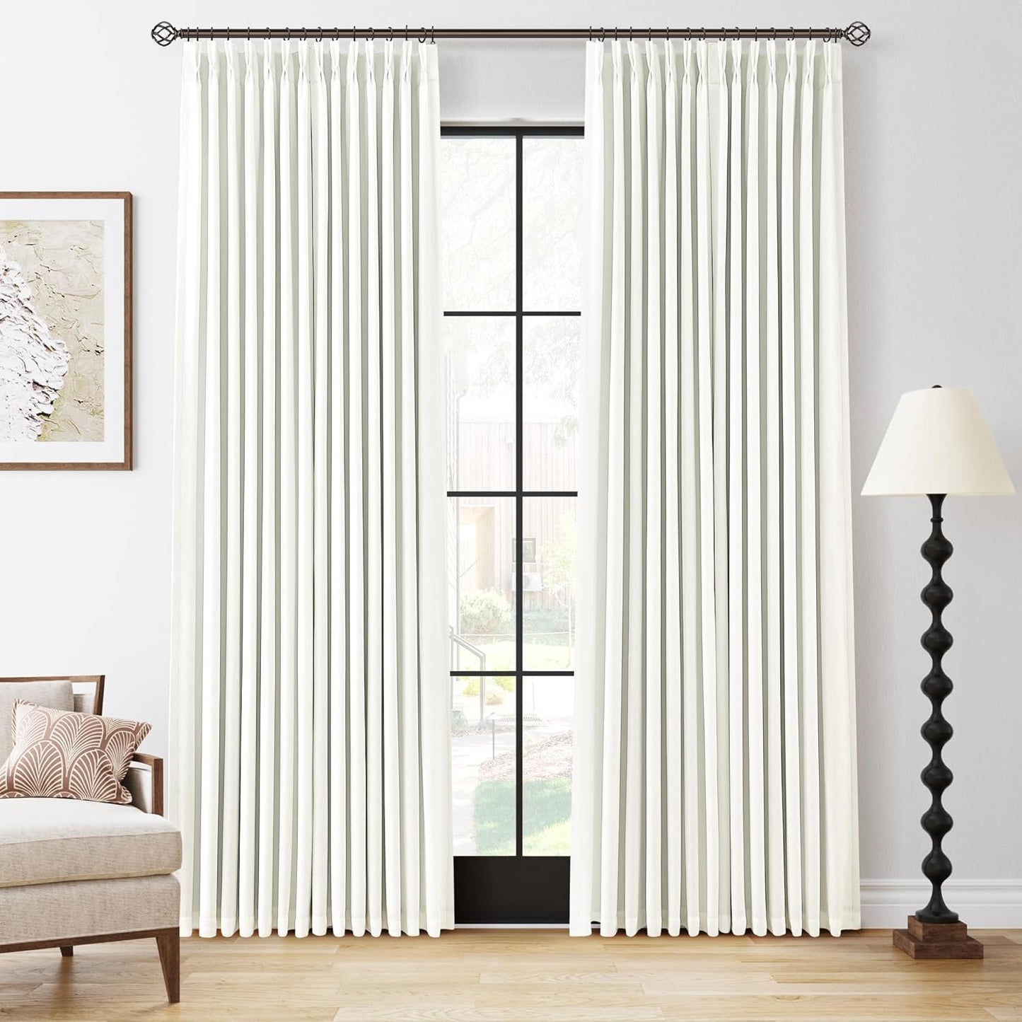 100% Blackout Pinch Pleated Curtains Linen 90 Inches Long for Bedroom 2 Panels Set Full Black Out Thermal Insulated Curtain Natural Boho Farmhouse Pinch Pleat Double Layer Room Darkening Drapes Cream
