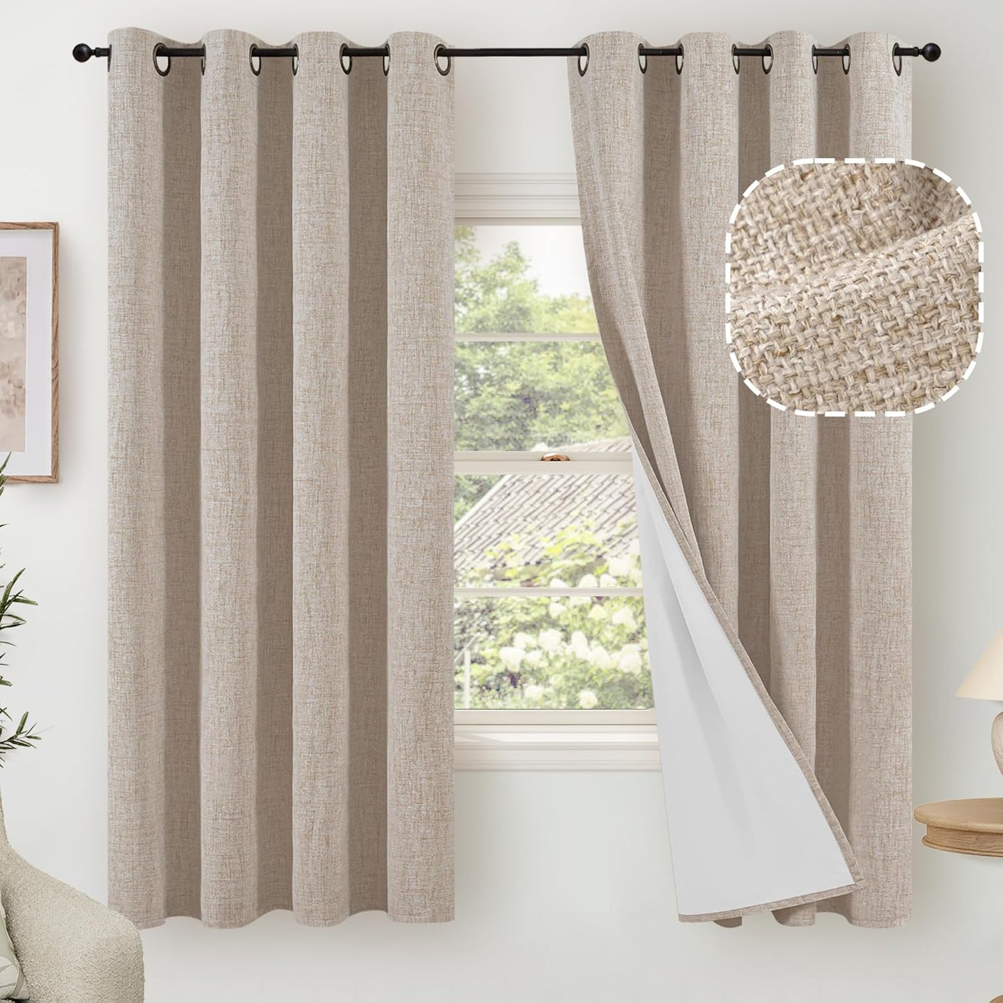 60 Inch Wide Linen Blackout Curtains for Living Room/Bedroom 84 Inch Length 2 Panels, Total Black Out Thermal Insulated Soundproof Grommet Boho Window Drapes White Liner for Modern Farmhouse, Natural