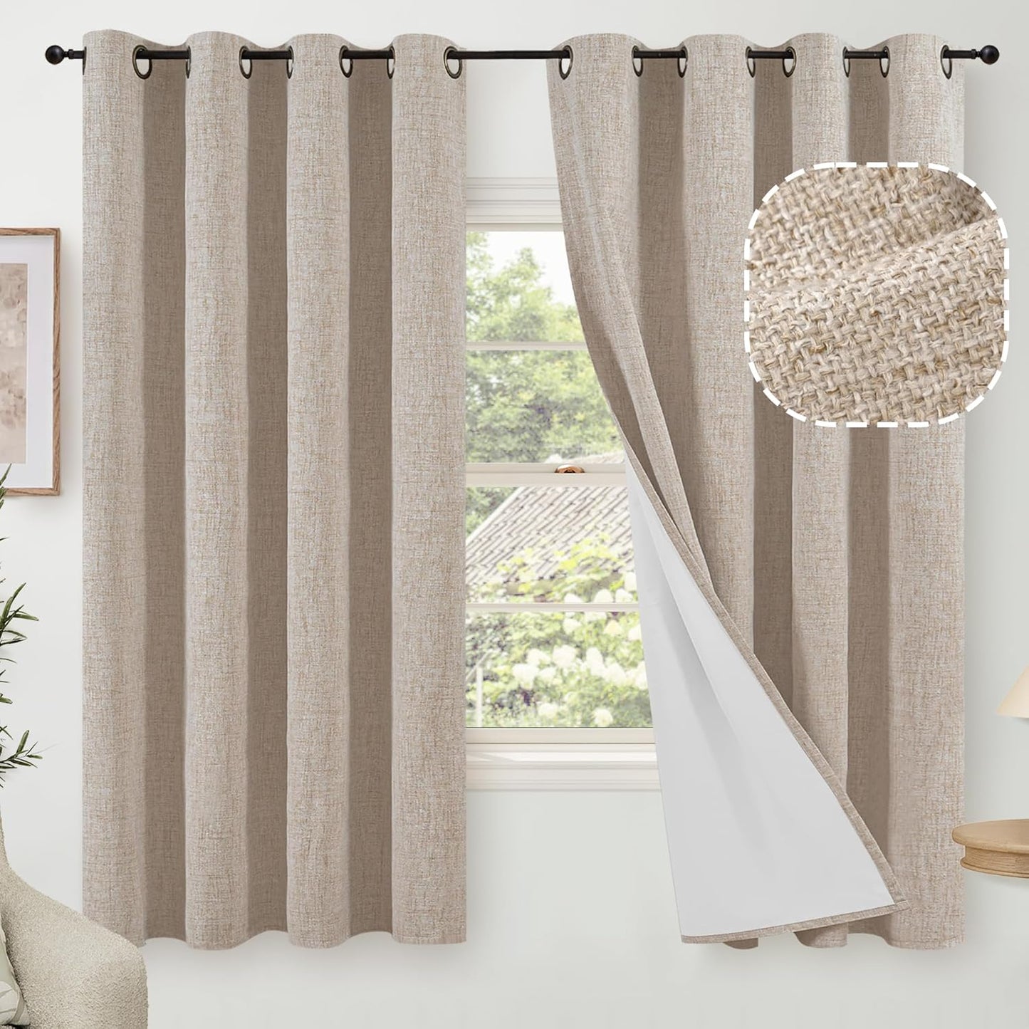 60 Inch Wide Linen Blackout Curtains for Living Room/Bedroom 84 Inch Length 2 Panels, Total Black Out Thermal Insulated Soundproof Grommet Boho Window Drapes White Liner for Modern Farmhouse, Natural