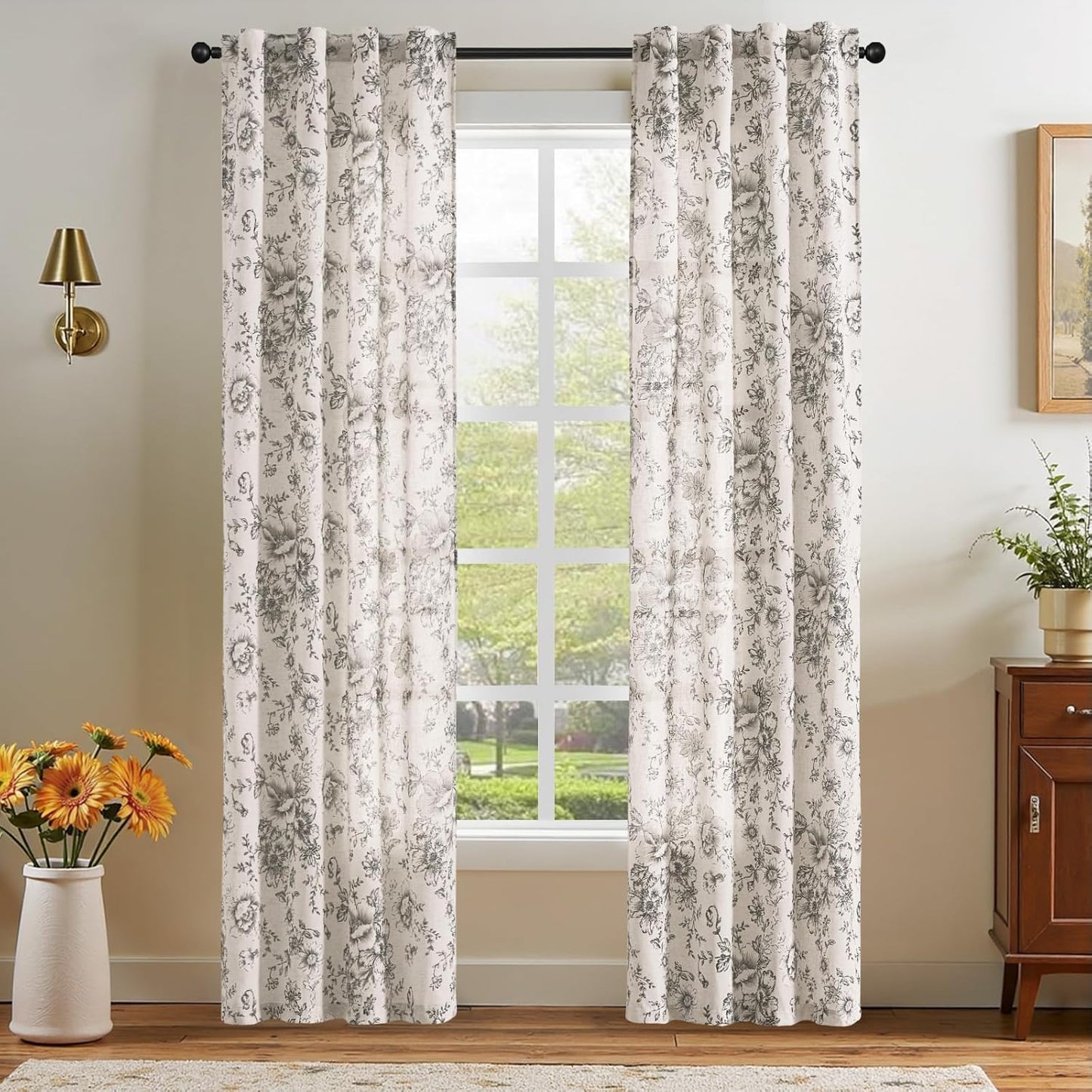 jinchan Blackout Linen Blend Curtain Floral Blackout Curtains for Living Room 84 Inch Length Black Printed with Lined Blackout Curtain for Bedroom Farmhouse Curtains Set 2 Panels