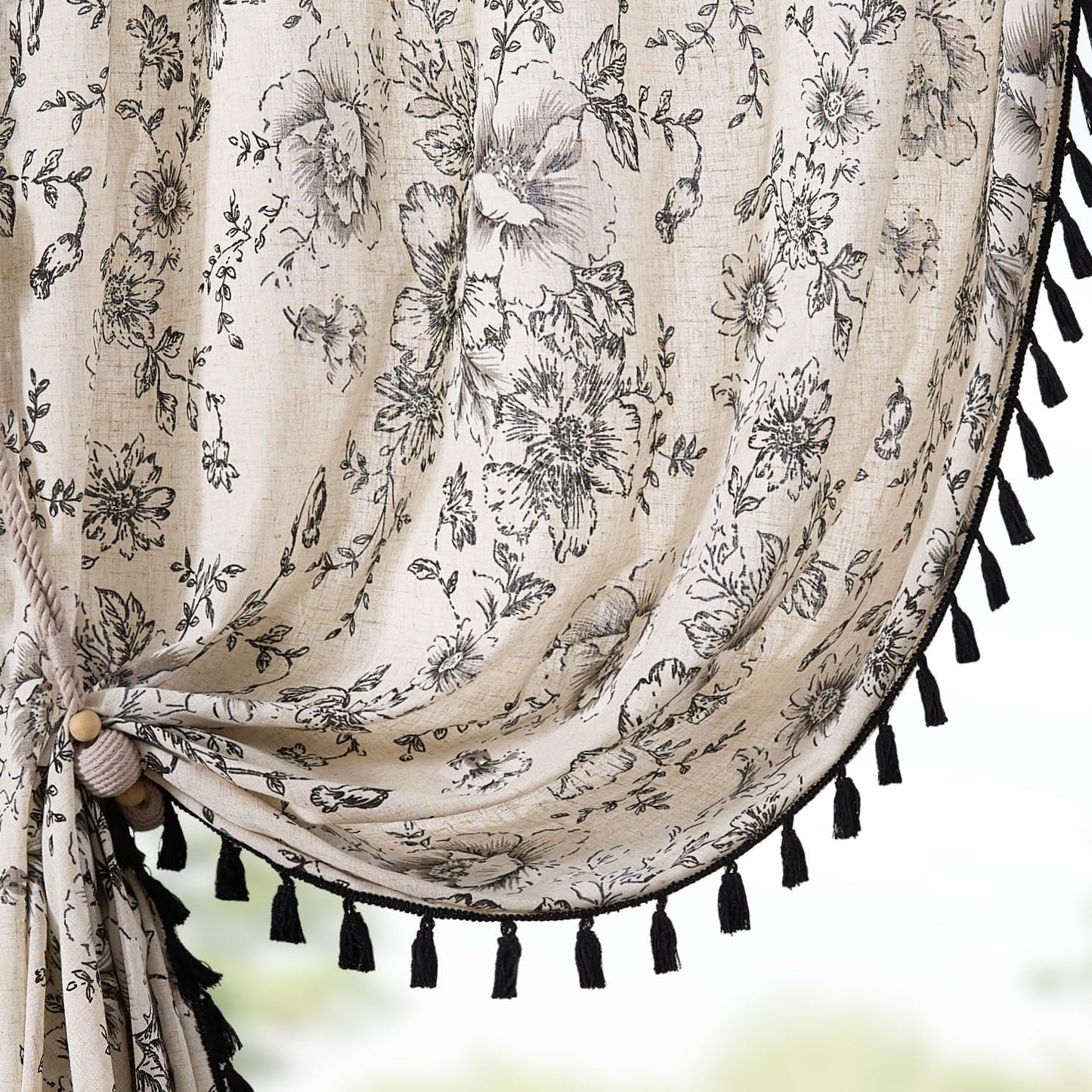 jinchan Blackout Linen Blend Curtain Floral Blackout Curtains for Living Room 84 Inch Length Black Printed with Lined Blackout Curtain for Bedroom Farmhouse Curtains Set 2 Panels
