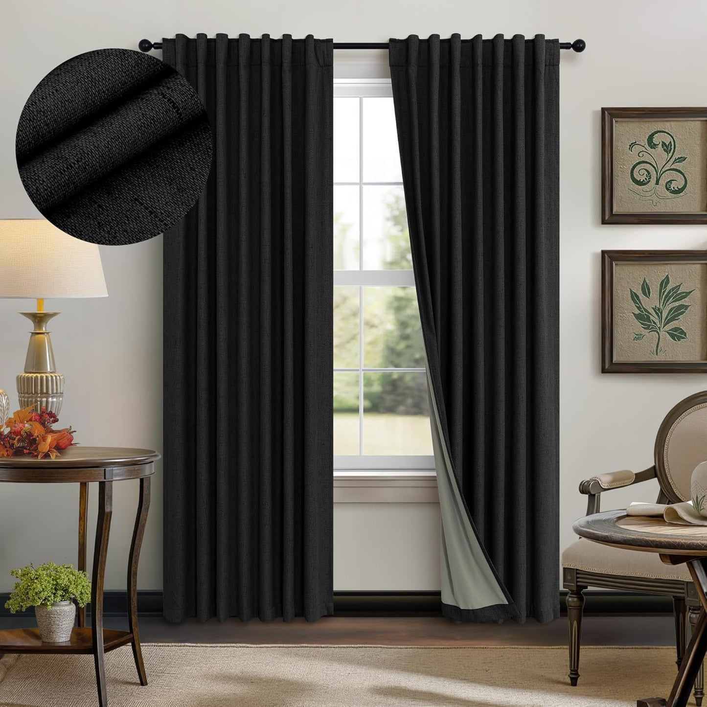 Cream Linen Black Out Curtains 70 Inches Extra Wide for Living Room 2 Panels Back Tab Pocket Pleated Ivory Blackout Bedroom for 72 Inches Window Curtain 84 Inch Long Thermal Room Darkening Heavy Drape