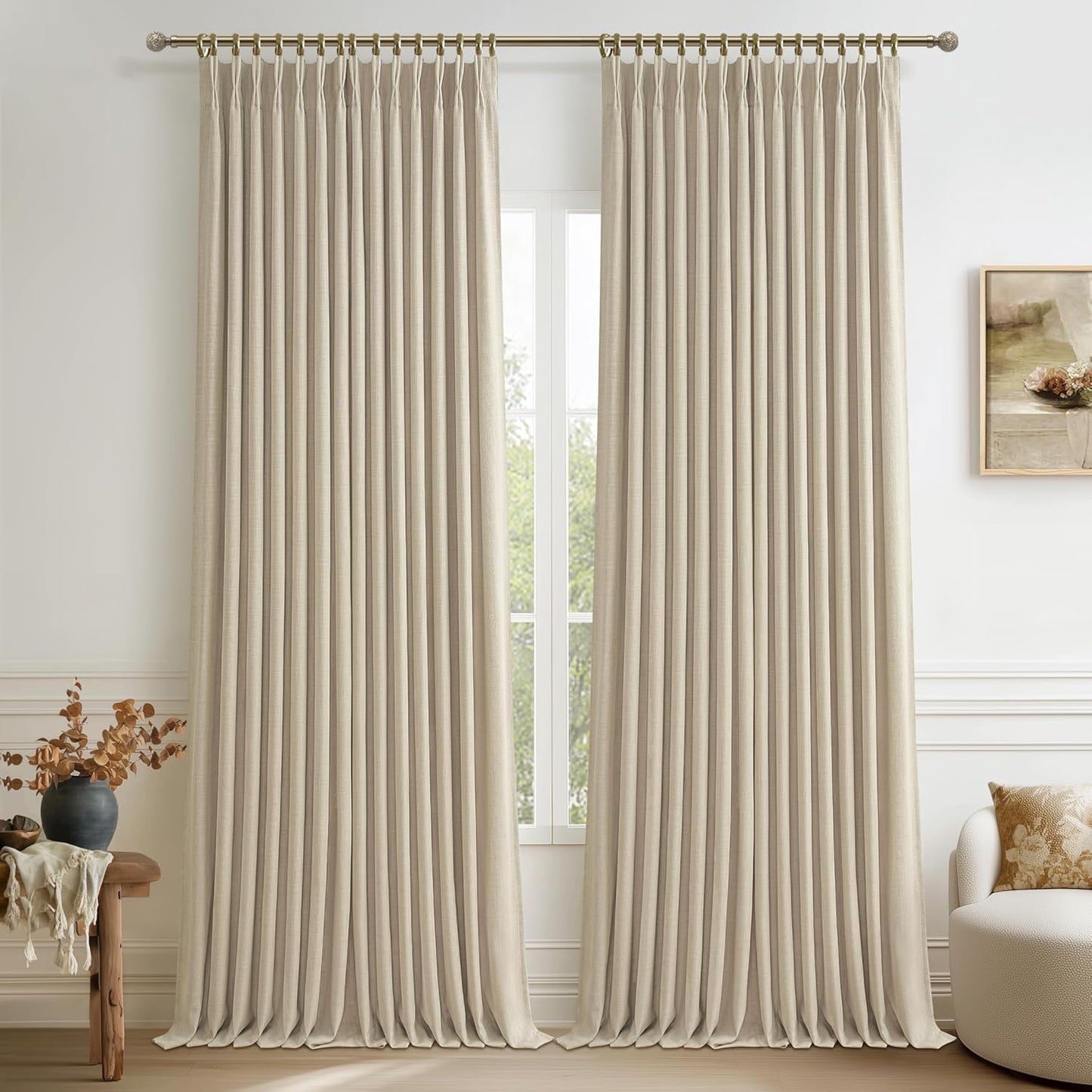 100% Blackout Linen 96 Inch Curtains 2 Panel Set for Bedroom, Modern Pinch Pleated Natural Linen Off Beige White Insulated Heavy Curtain 40 x 96 Inches Length Sliding Glass Door Room Darkening Drapes