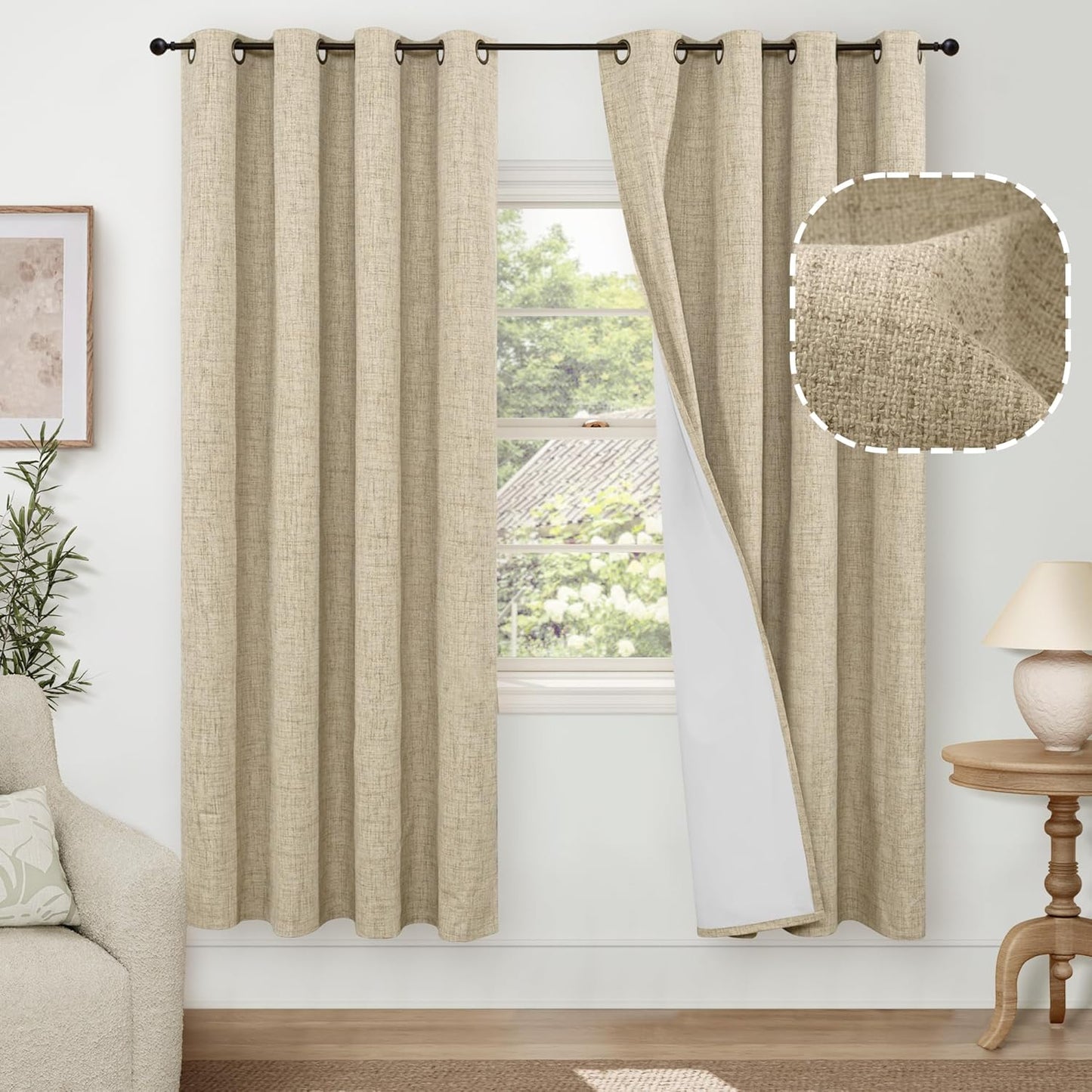 60 Inch Wide Linen Blackout Curtains for Living Room/Bedroom 84 Inch Length 2 Panels, Total Black Out Thermal Insulated Soundproof Grommet Boho Window Drapes White Liner for Modern Farmhouse, Natural