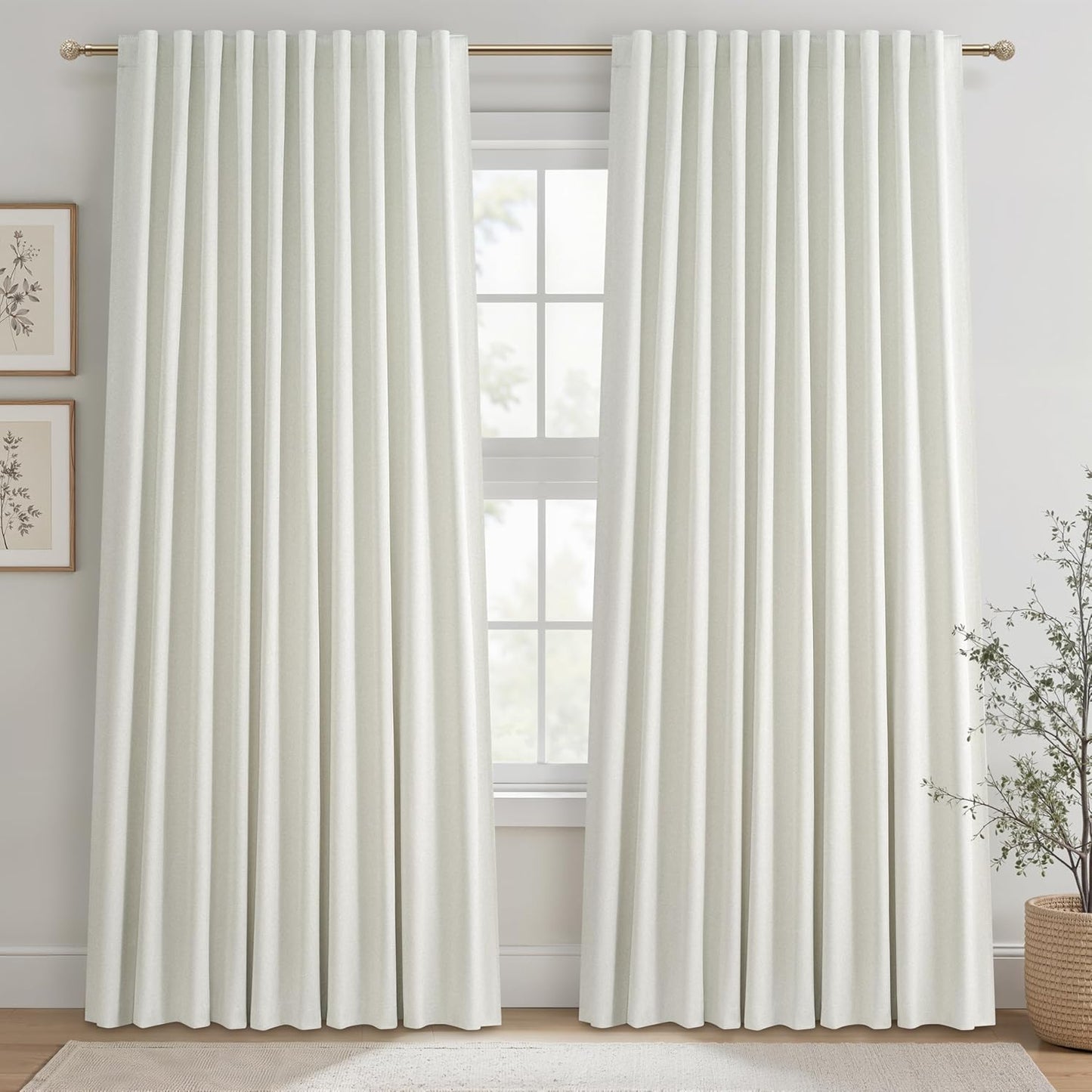 Natural Linen Blackout 92 Inch Bedroom Curtains 2 Panel Sets, Rustic Boho Cream Pleated Ceiling Track Curtain for Dining Room Heat Blocking Privacy Heavy Drape 92 Inches Long Oatmeal Back Tab