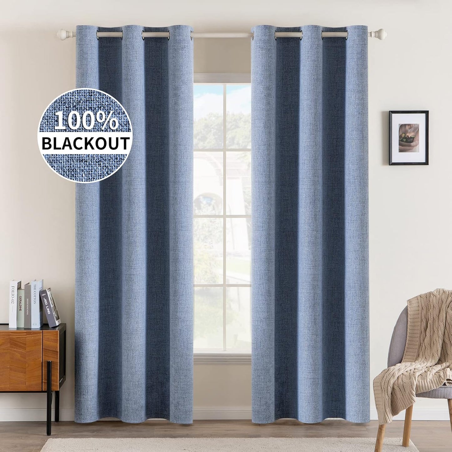 MIULEE 100% Blackout Linen Textured Curtains for Bedroom Solid Thermal Insulated Natural Beige Grommet Room Darkening Curtains & Drapes Luxury Decor for Living Room Nursery 62 x 96 Inch (2 Panels)