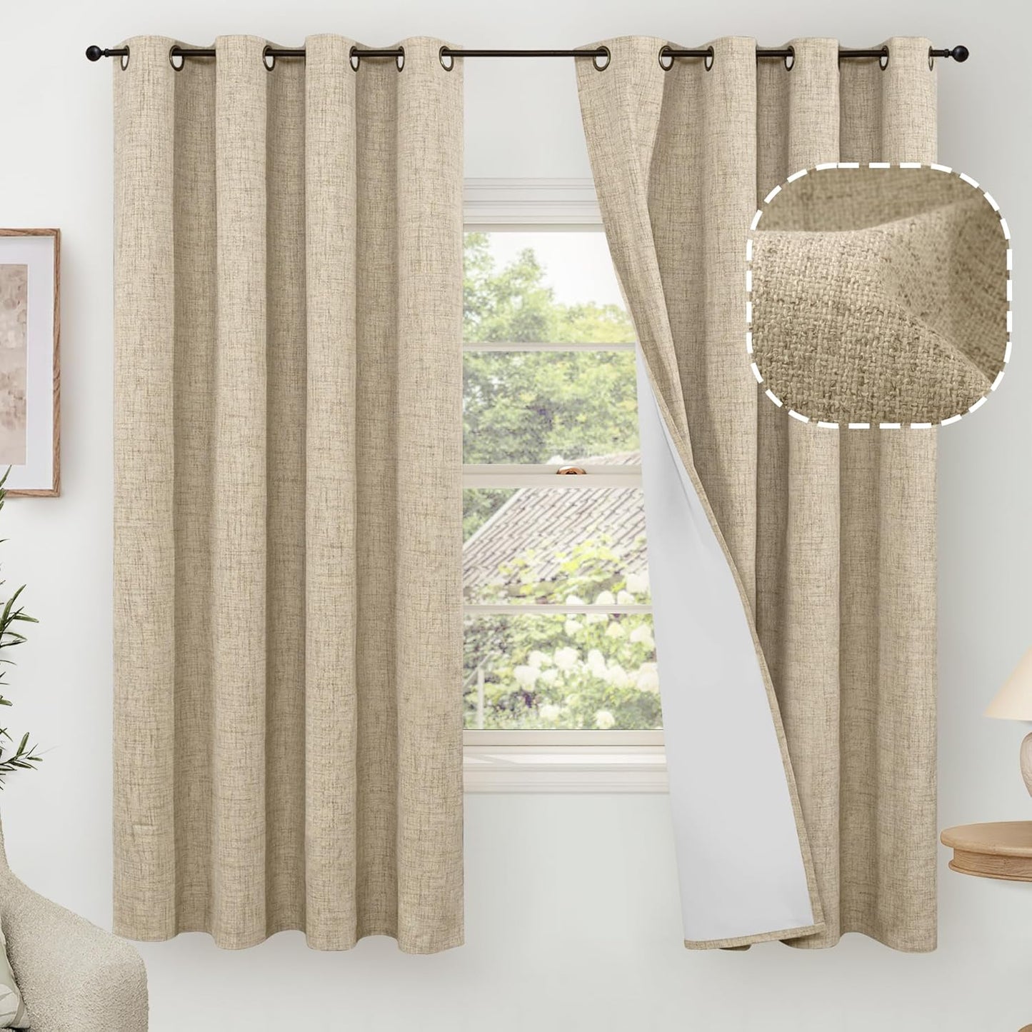 60 Inch Wide Linen Blackout Curtains for Living Room/Bedroom 84 Inch Length 2 Panels, Total Black Out Thermal Insulated Soundproof Grommet Boho Window Drapes White Liner for Modern Farmhouse, Natural