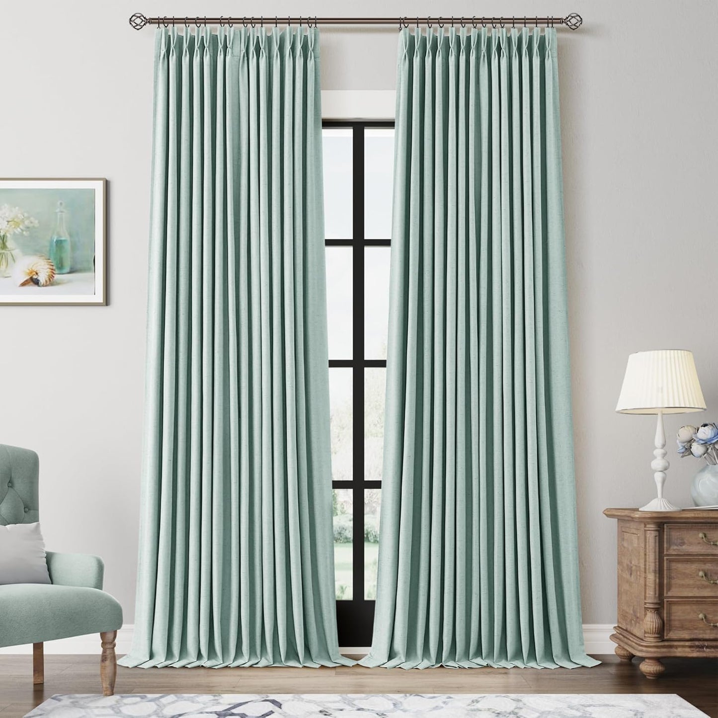 100% Blackout Pinch Pleated Curtains Linen 90 Inches Long for Bedroom 2 Panels Set Full Black Out Thermal Insulated Curtain Natural Boho Farmhouse Pinch Pleat Double Layer Room Darkening Drapes Cream