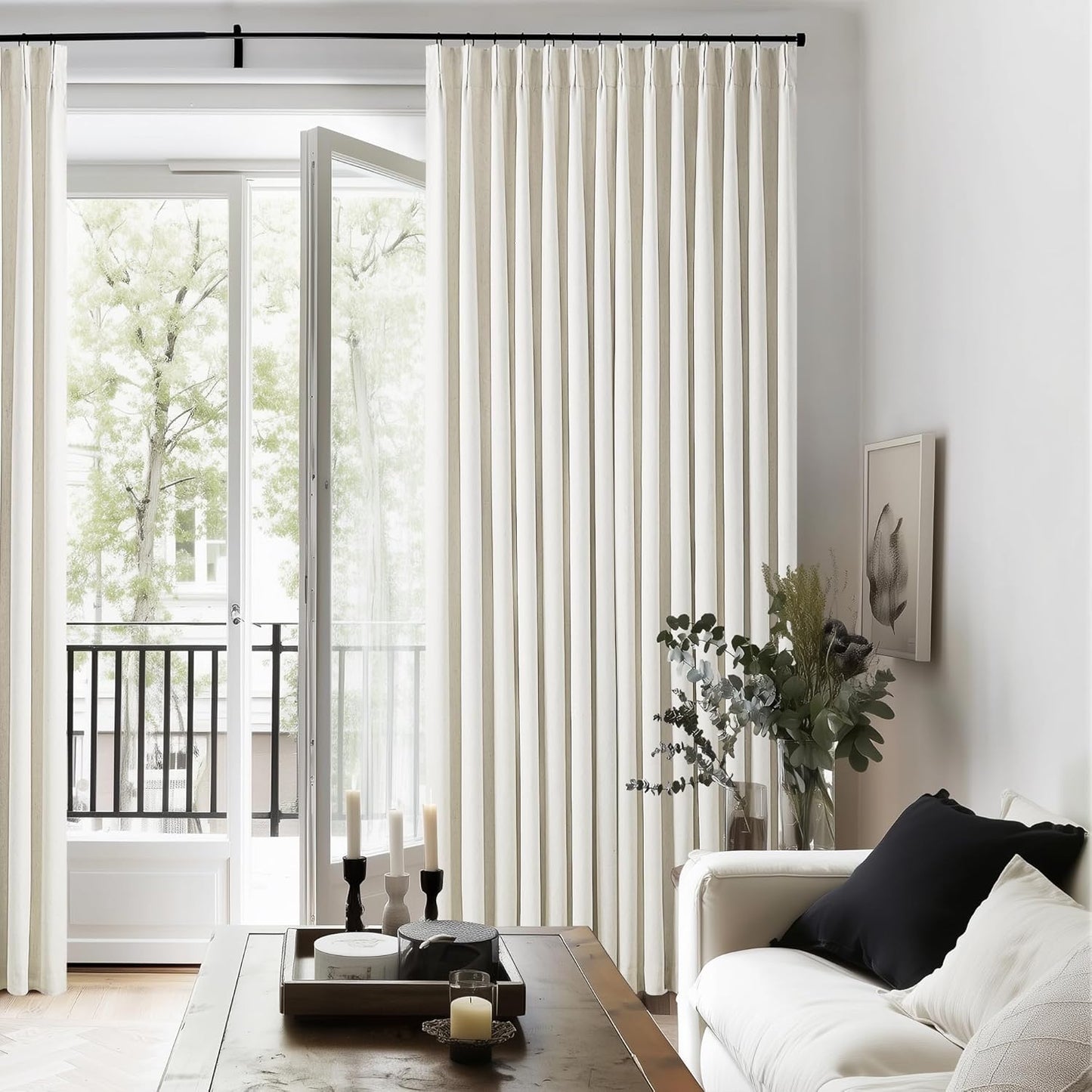 102 Inches Long Pinch Pleated Linen Blackout Curtains for Bedroom Back Tab Track Memory Trained Shape Farmhouse Light Blocking Curtains 102 Inch Length for Living Dining Room Darkening Drapes Cream