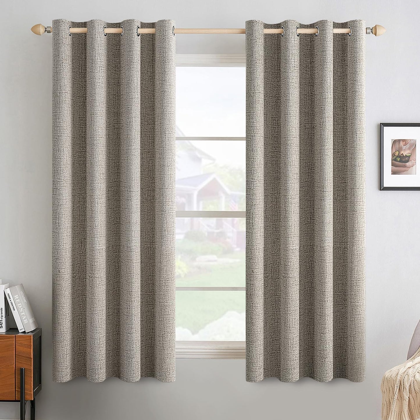 MIULEE 100% Blackout Linen Textured Curtains for Bedroom Solid Thermal Insulated Natural Beige Grommet Room Darkening Curtains & Drapes Luxury Decor for Living Room Nursery 62 x 96 Inch (2 Panels)