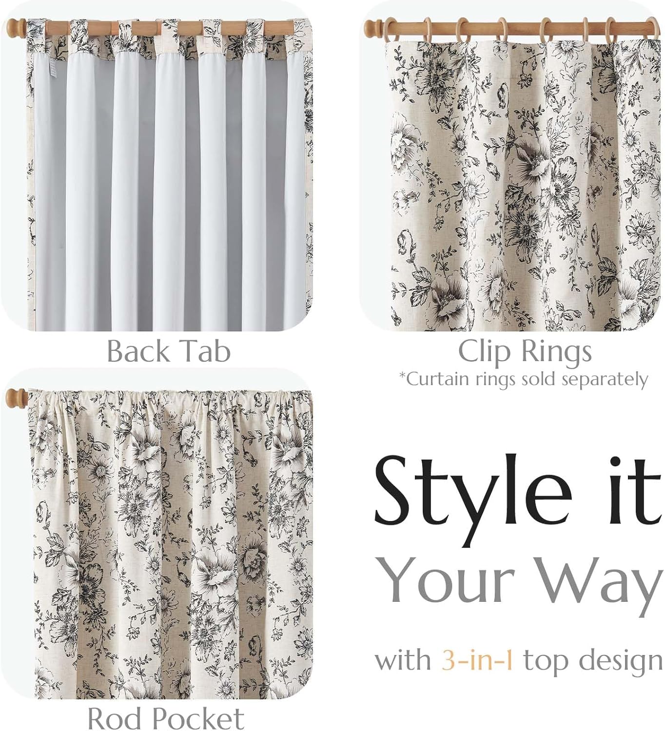 jinchan Blackout Linen Blend Curtain Floral Blackout Curtains for Living Room 84 Inch Length Black Printed with Lined Blackout Curtain for Bedroom Farmhouse Curtains Set 2 Panels