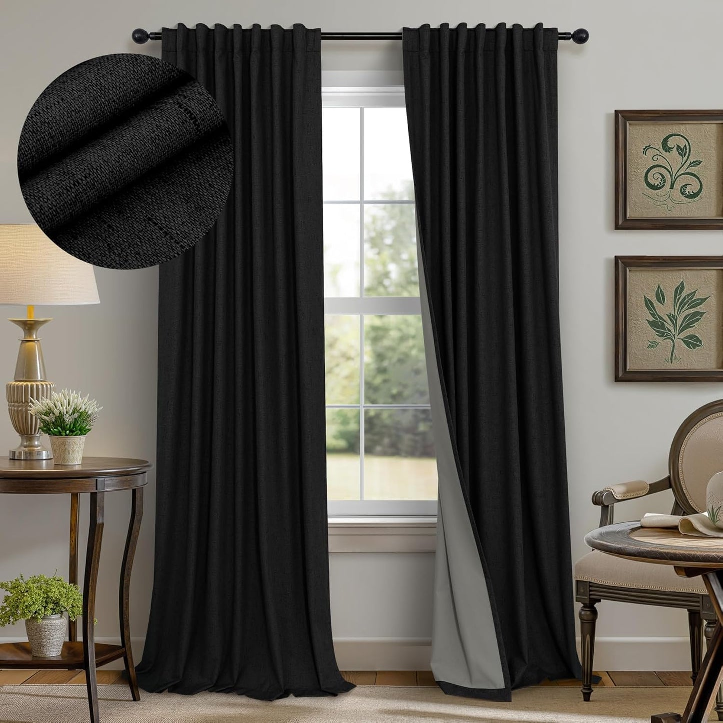 Cream Linen Black Out Curtains 70 Inches Extra Wide for Living Room 2 Panels Back Tab Pocket Pleated Ivory Blackout Bedroom for 72 Inches Window Curtain 84 Inch Long Thermal Room Darkening Heavy Drape