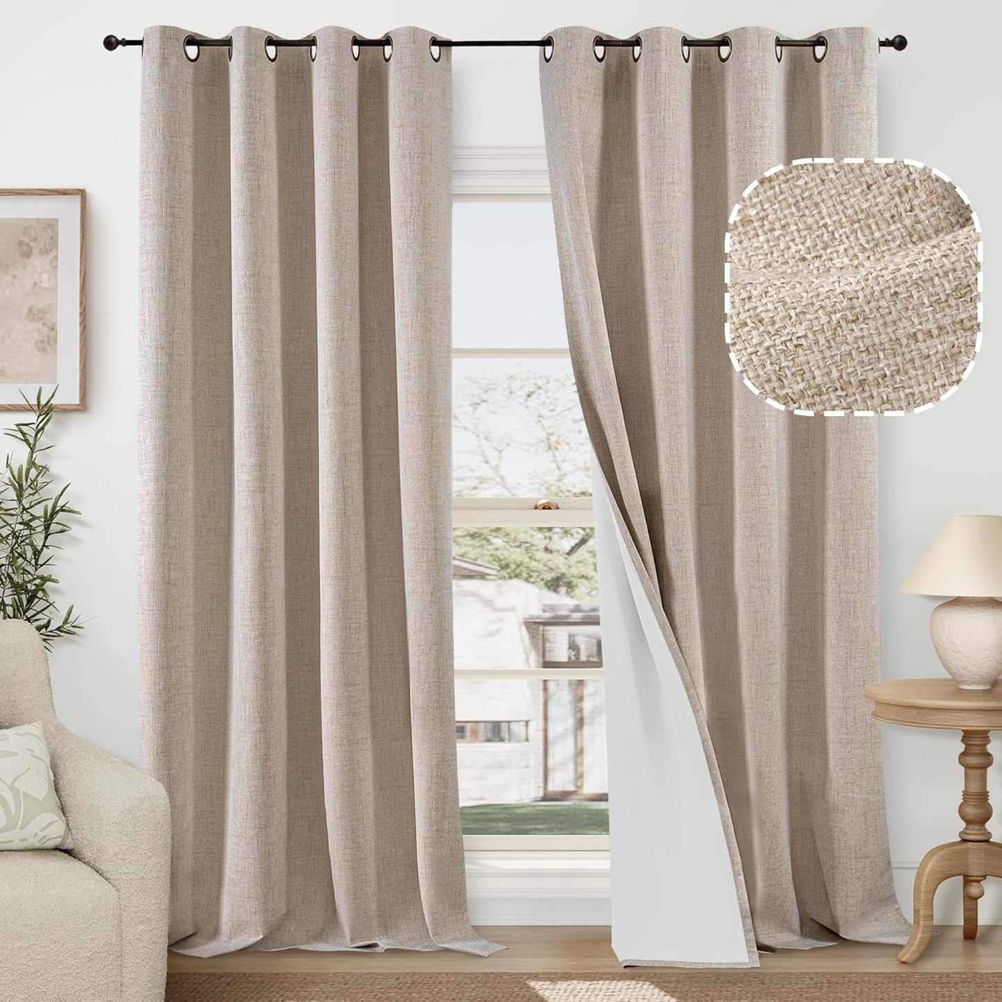 60 Inch Wide Linen Blackout Curtains for Living Room/Bedroom 84 Inch Length 2 Panels, Total Black Out Thermal Insulated Soundproof Grommet Boho Window Drapes White Liner for Modern Farmhouse, Natural