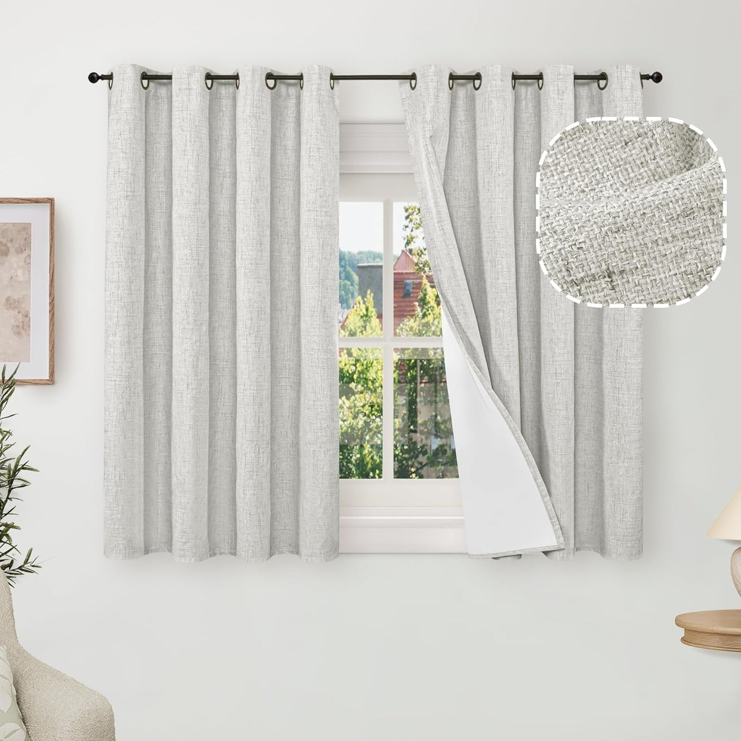 60 Inch Wide Linen Blackout Curtains for Living Room/Bedroom 84 Inch Length 2 Panels, Total Black Out Thermal Insulated Soundproof Grommet Boho Window Drapes White Liner for Modern Farmhouse, Natural