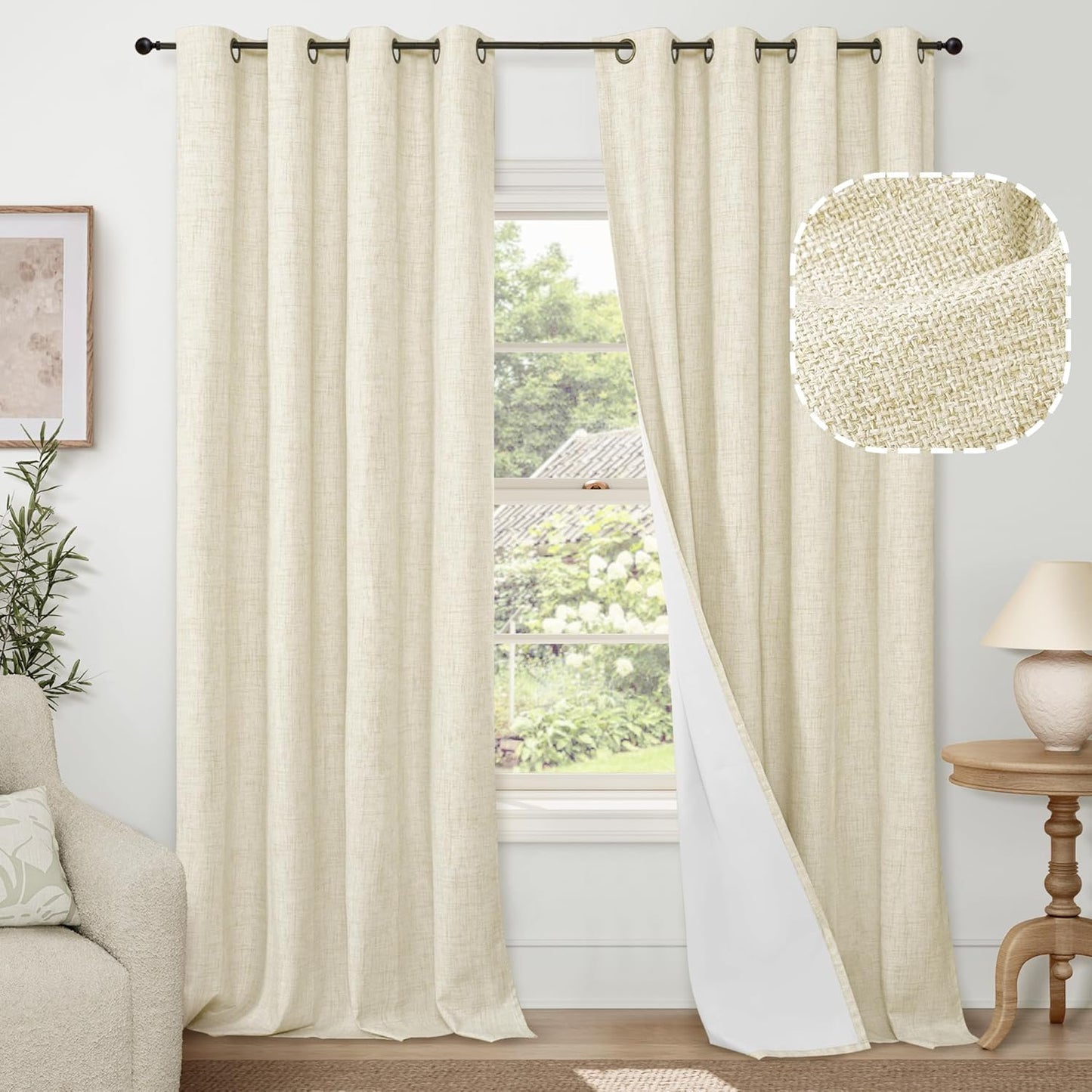 60 Inch Wide Linen Blackout Curtains for Living Room/Bedroom 84 Inch Length 2 Panels, Total Black Out Thermal Insulated Soundproof Grommet Boho Window Drapes White Liner for Modern Farmhouse, Natural