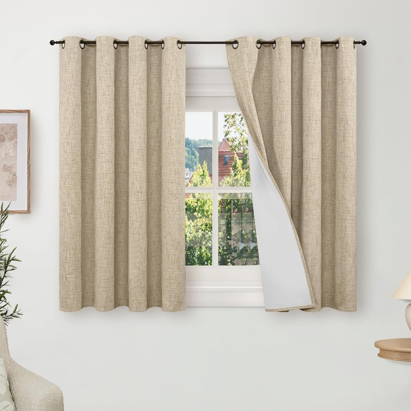 60 Inch Wide Linen Blackout Curtains for Living Room/Bedroom 84 Inch Length 2 Panels, Total Black Out Thermal Insulated Soundproof Grommet Boho Window Drapes White Liner for Modern Farmhouse, Natural