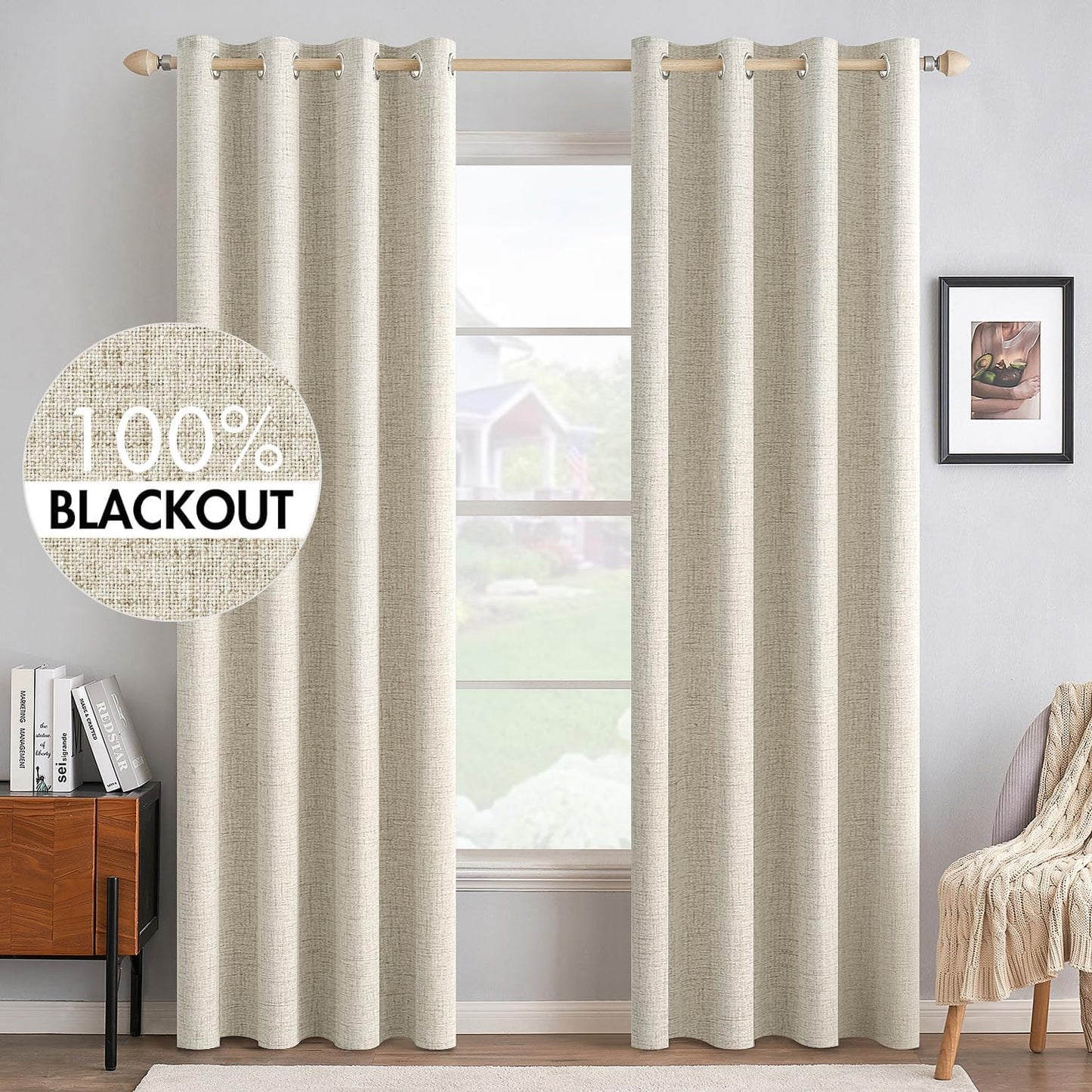MIULEE 100% Blackout Linen Textured Curtains for Bedroom Solid Thermal Insulated Natural Beige Grommet Room Darkening Curtains & Drapes Luxury Decor for Living Room Nursery 62 x 96 Inch (2 Panels)