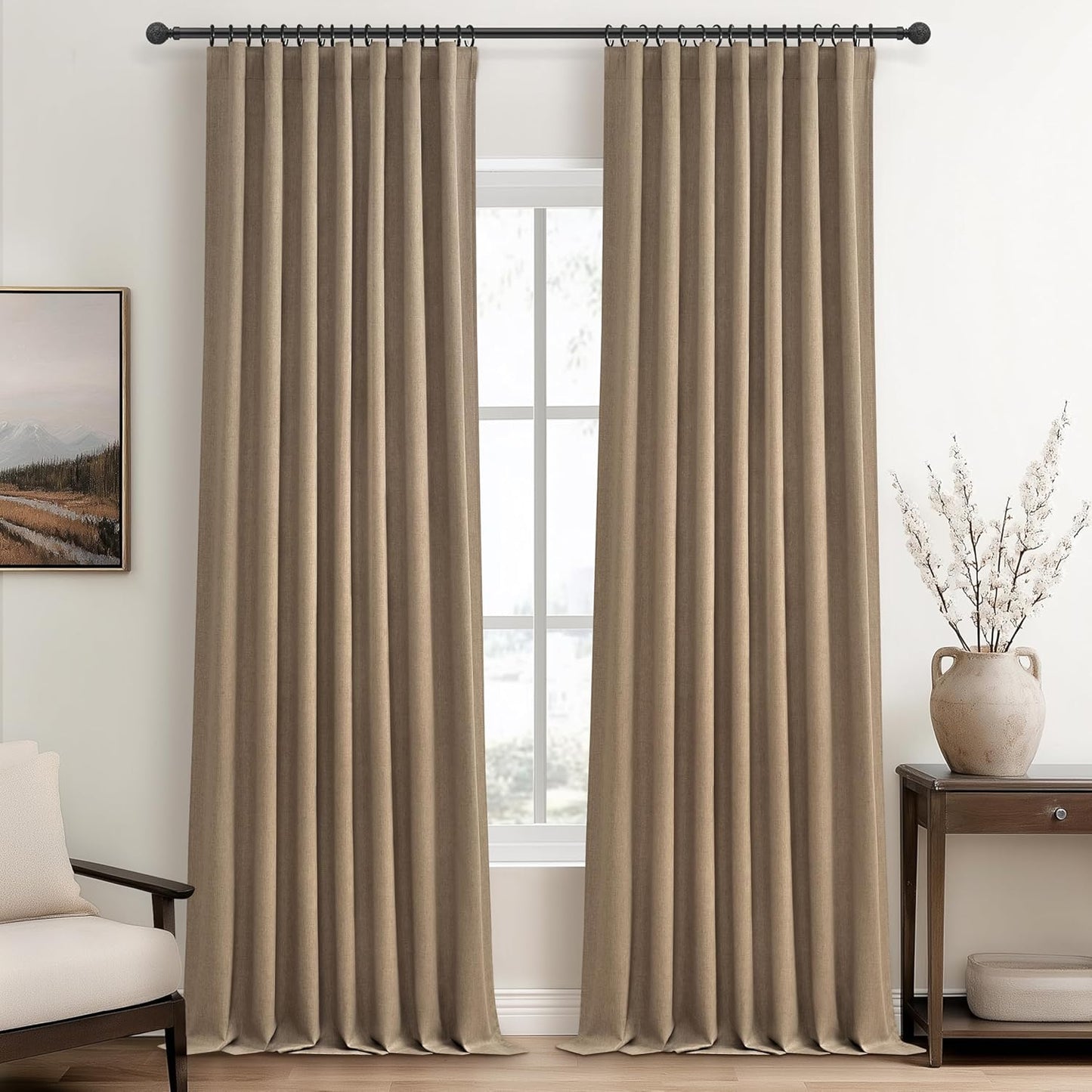 Natural Linen Blackout 92 Inch Bedroom Curtains 2 Panel Sets, Rustic Boho Cream Pleated Ceiling Track Curtain for Dining Room Heat Blocking Privacy Heavy Drape 92 Inches Long Oatmeal Back Tab