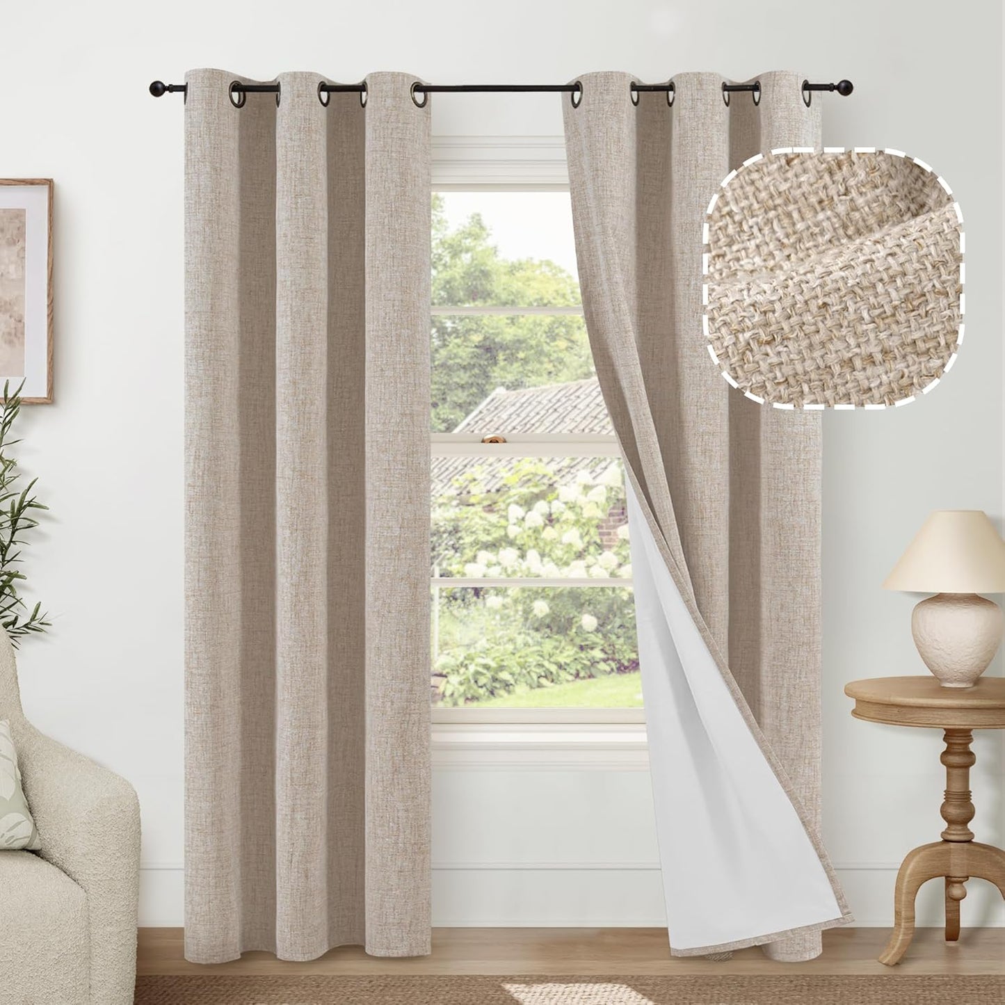 60 Inch Wide Linen Blackout Curtains for Living Room/Bedroom 84 Inch Length 2 Panels, Total Black Out Thermal Insulated Soundproof Grommet Boho Window Drapes White Liner for Modern Farmhouse, Natural