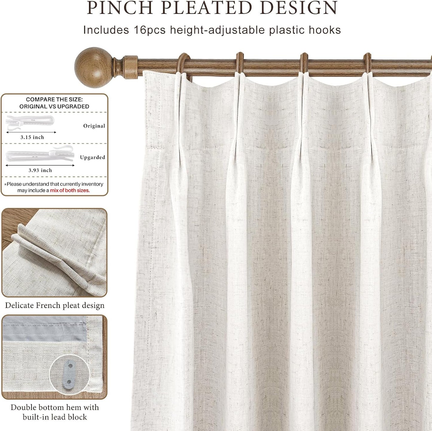 Pinch Pleated 100% Blackout Linen Curtains 95 Inches Long for Bedroom Natural Black Out Pleat Curtains for Living Dining Room Darkening Thermal Insulated Window Curtain Drapes with Pin Hooks, 2 Panels