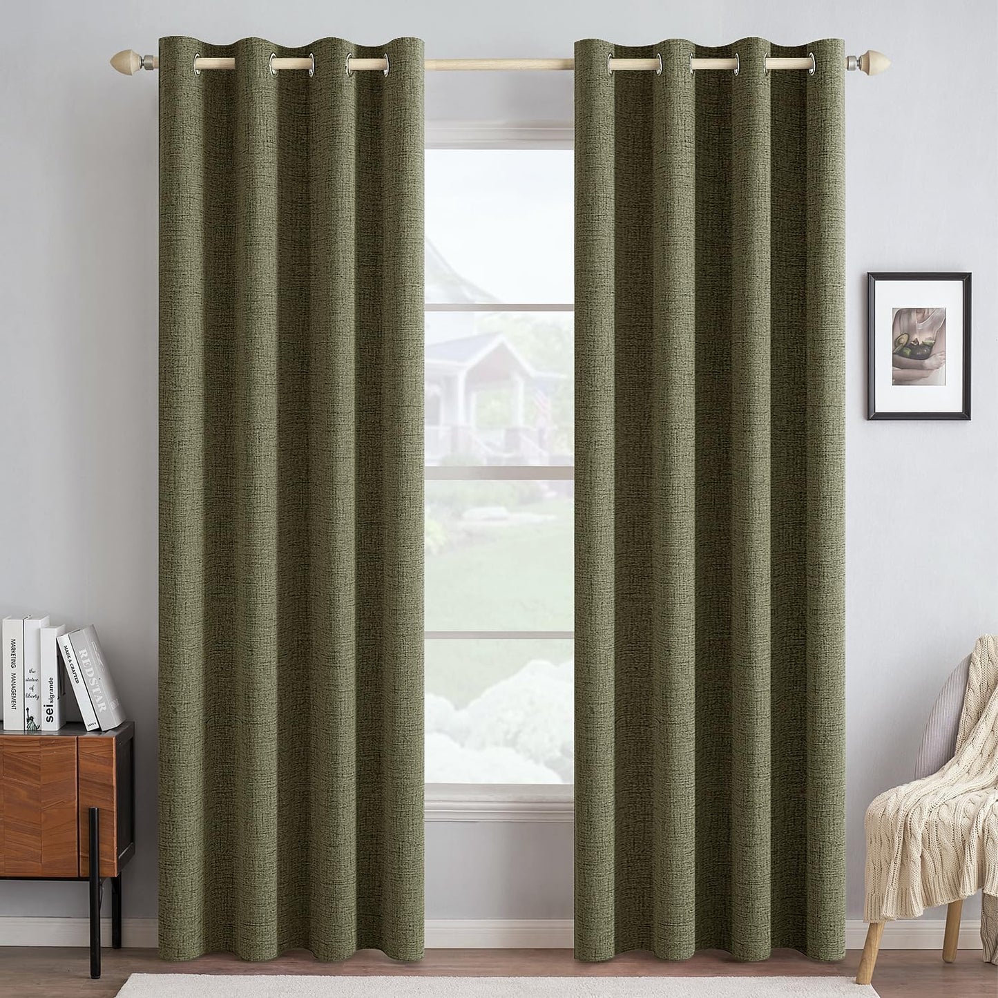 MIULEE 100% Blackout Linen Textured Curtains for Bedroom Solid Thermal Insulated Natural Beige Grommet Room Darkening Curtains & Drapes Luxury Decor for Living Room Nursery 62 x 96 Inch (2 Panels)