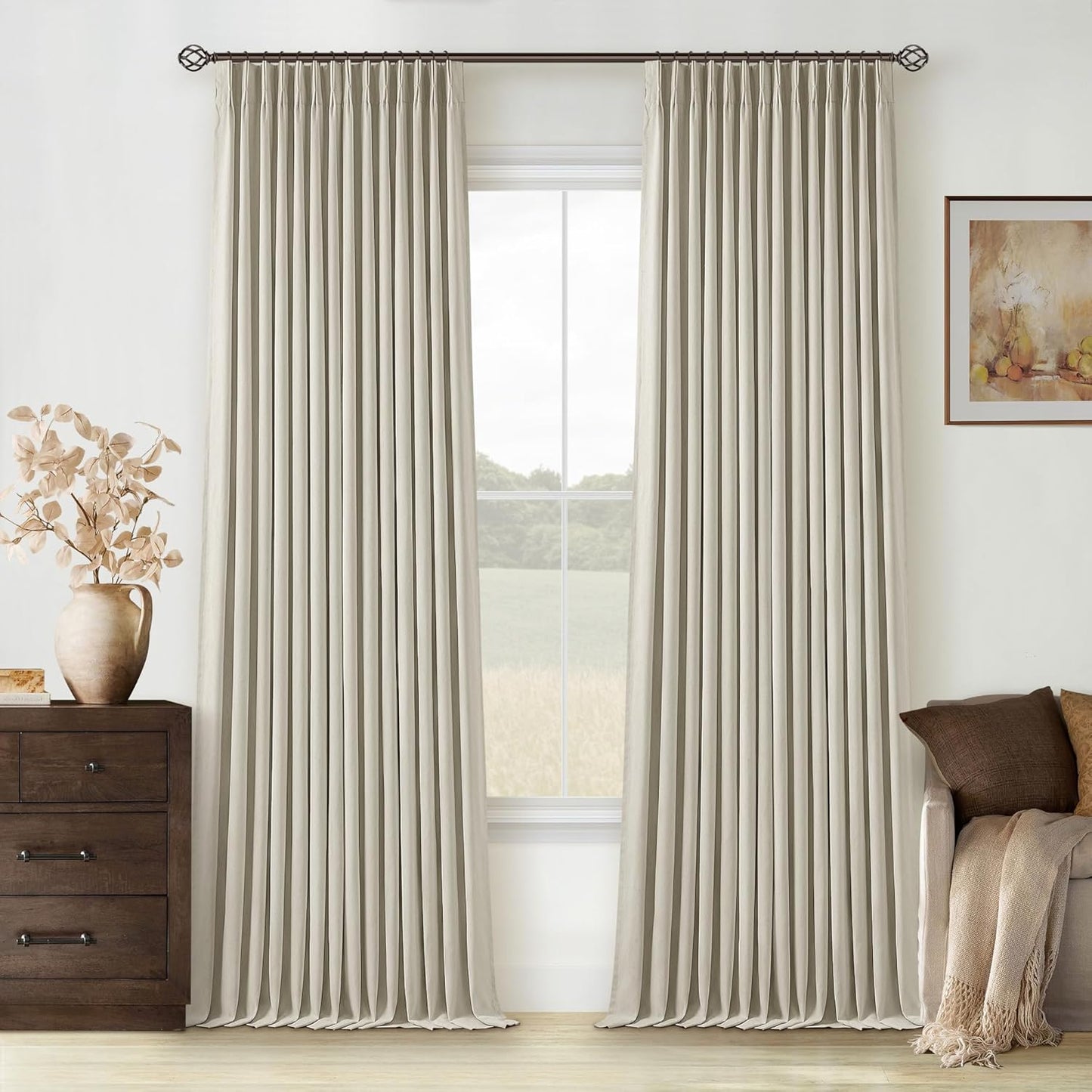 102 Inches Long Pinch Pleated Linen Blackout Curtains for Bedroom Back Tab Track Memory Trained Shape Farmhouse Light Blocking Curtains 102 Inch Length for Living Dining Room Darkening Drapes Cream