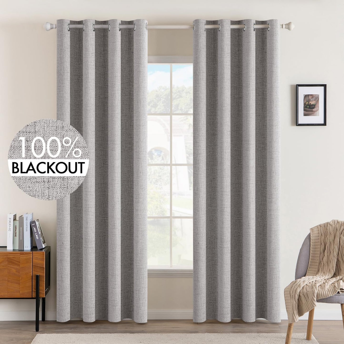 MIULEE 100% Blackout Linen Textured Curtains for Bedroom Solid Thermal Insulated Natural Beige Grommet Room Darkening Curtains & Drapes Luxury Decor for Living Room Nursery 62 x 96 Inch (2 Panels)