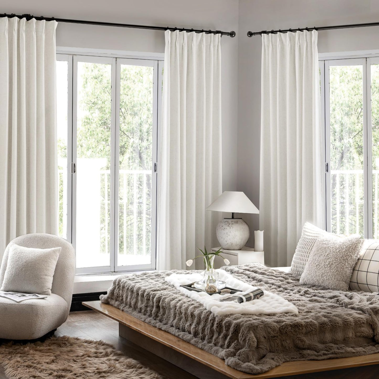 Pinch Pleated 100% Blackout Linen Curtains 95 Inches Long for Bedroom Natural Black Out Pleat Curtains for Living Dining Room Darkening Thermal Insulated Window Curtain Drapes with Pin Hooks, 2 Panels
