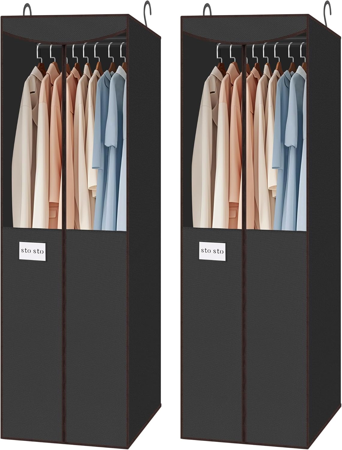STO STO 2 Pack Garment Bag for Hanging Clothes Closet, Hanging Garment Cover with Built-in Steel Hanging Rod, Hanging Wardrobe Storage Bag for Suit, Dress with Clear Window, Zipper, ID Window, Gray