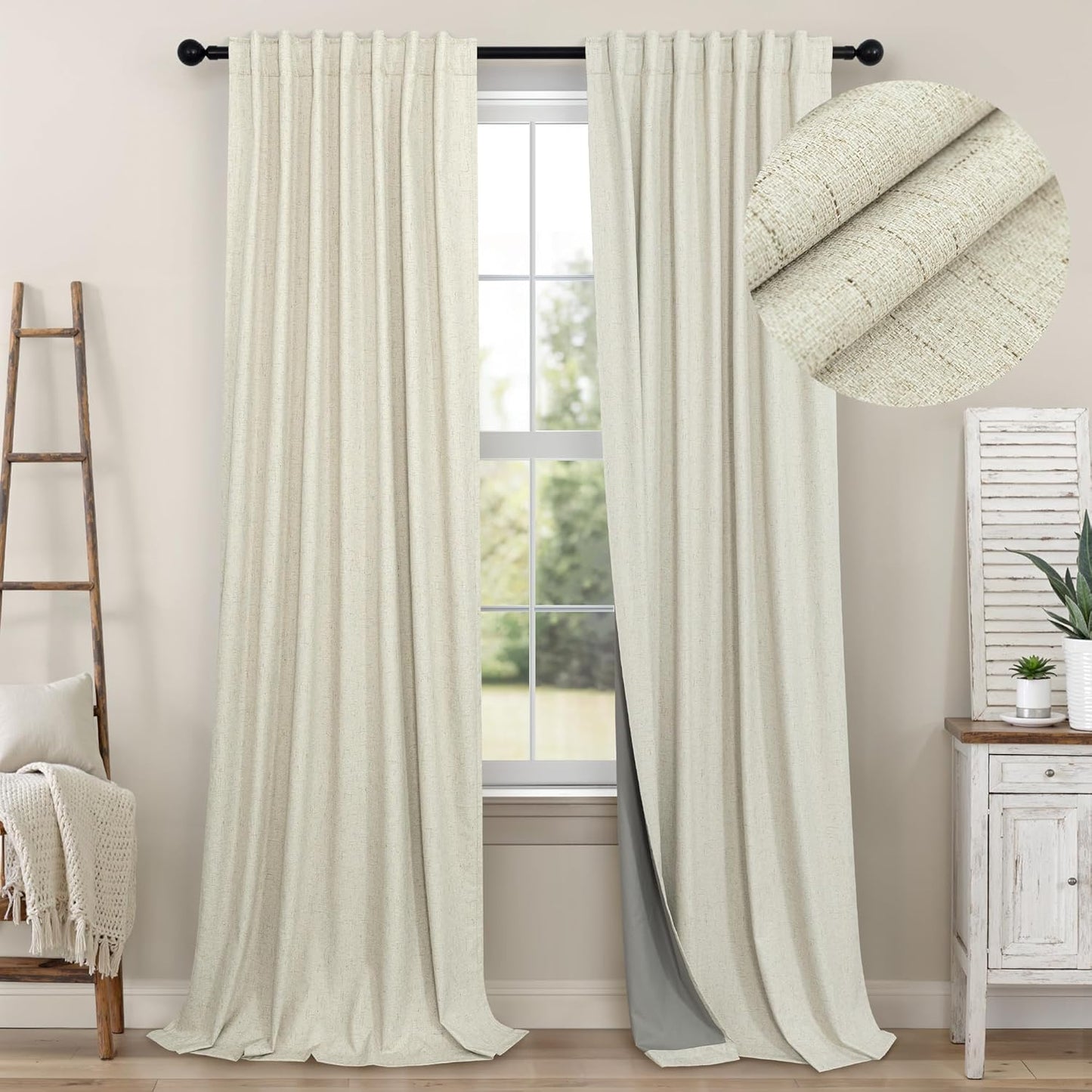 Cream Linen Black Out Curtains 70 Inches Extra Wide for Living Room 2 Panels Back Tab Pocket Pleated Ivory Blackout Bedroom for 72 Inches Window Curtain 84 Inch Long Thermal Room Darkening Heavy Drape