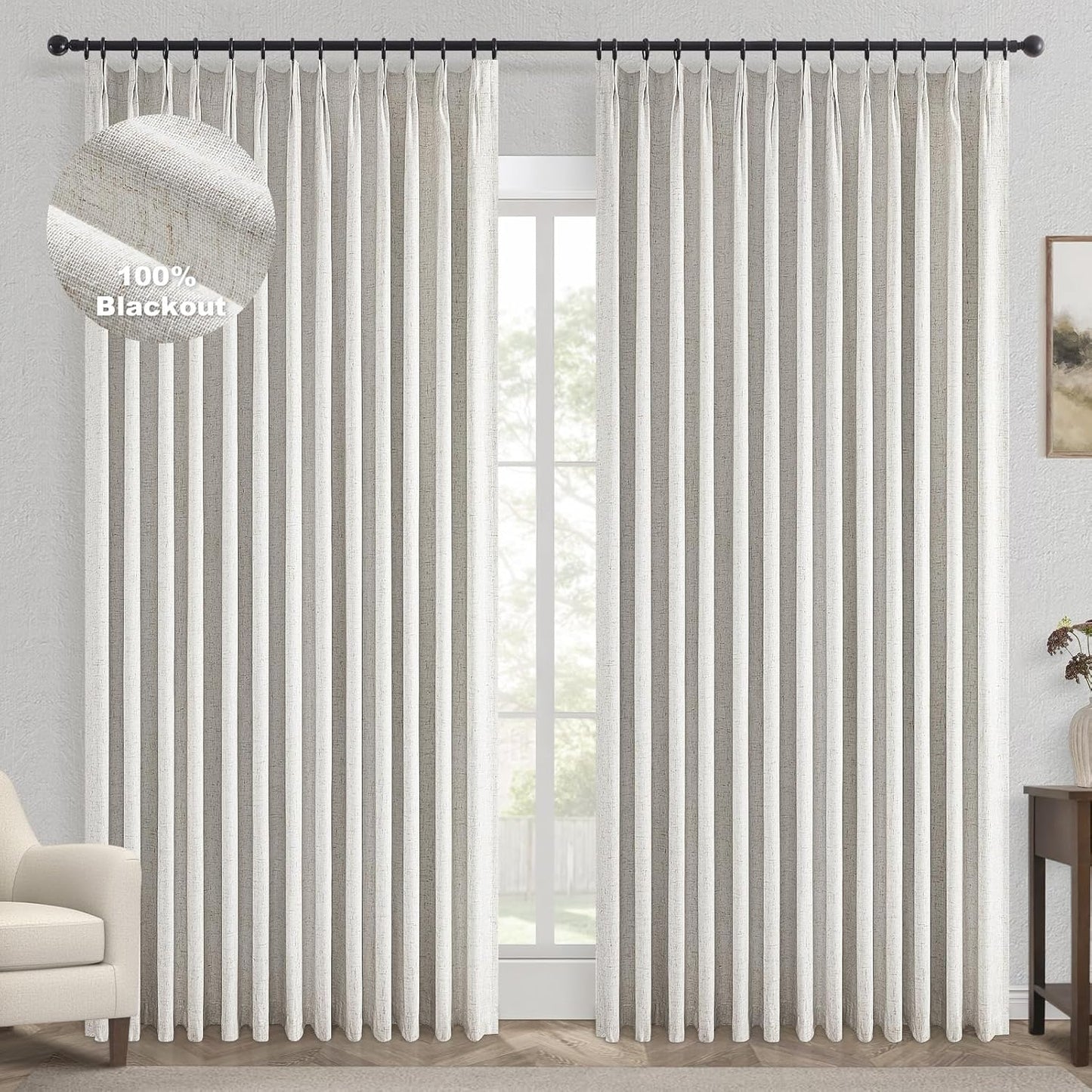 Topfinel Extral Wide Curtains, Pinch Pleated 100% Blackout Linen Luxury Drapery with Hooks for Patio Sliding Door Large Window Living Room Track System, 72" Wx102 L 1 Panel
