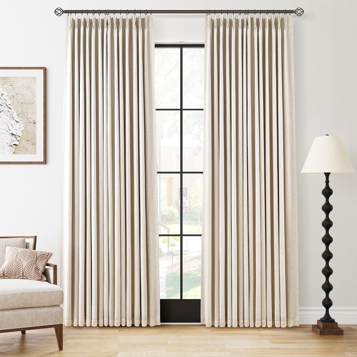 100% Blackout Pinch Pleated Curtains Linen 90 Inches Long for Bedroom 2 Panels Set Full Black Out Thermal Insulated Curtain Natural Boho Farmhouse Pinch Pleat Double Layer Room Darkening Drapes Cream