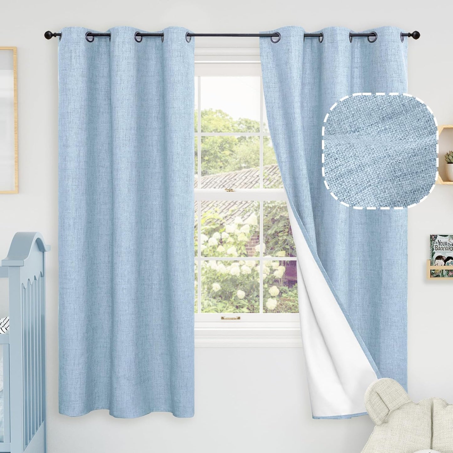 60 Inch Wide Linen Blackout Curtains for Living Room/Bedroom 84 Inch Length 2 Panels, Total Black Out Thermal Insulated Soundproof Grommet Boho Window Drapes White Liner for Modern Farmhouse, Natural