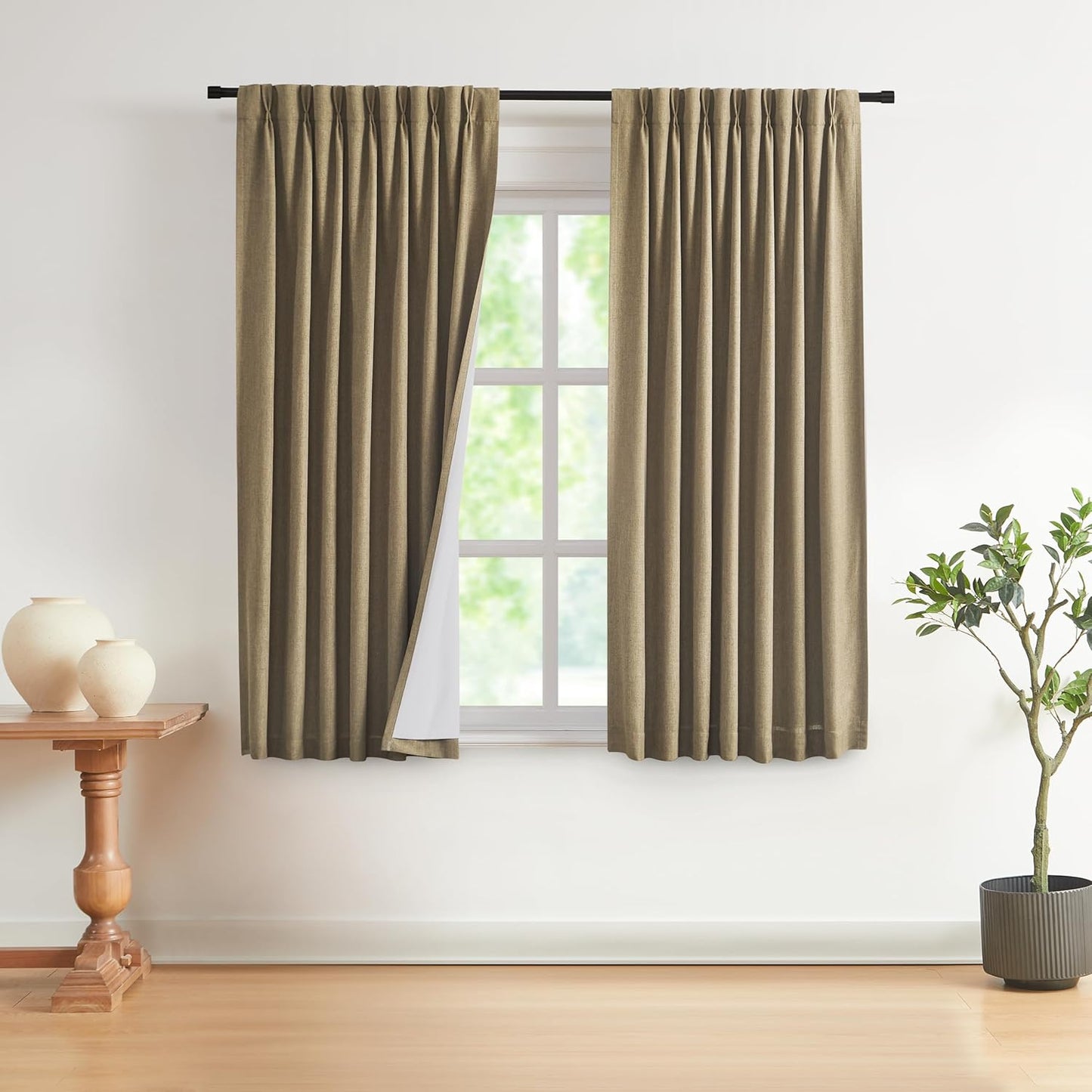 Vision Home Natural Full Blackout Curtains Linen Blended Darkening Window Curtains 84 inch for Living Room Bedroom Thermal Insulated Pinch Pleat Drapes with Hooks 2 Panel 40"Wx84"L