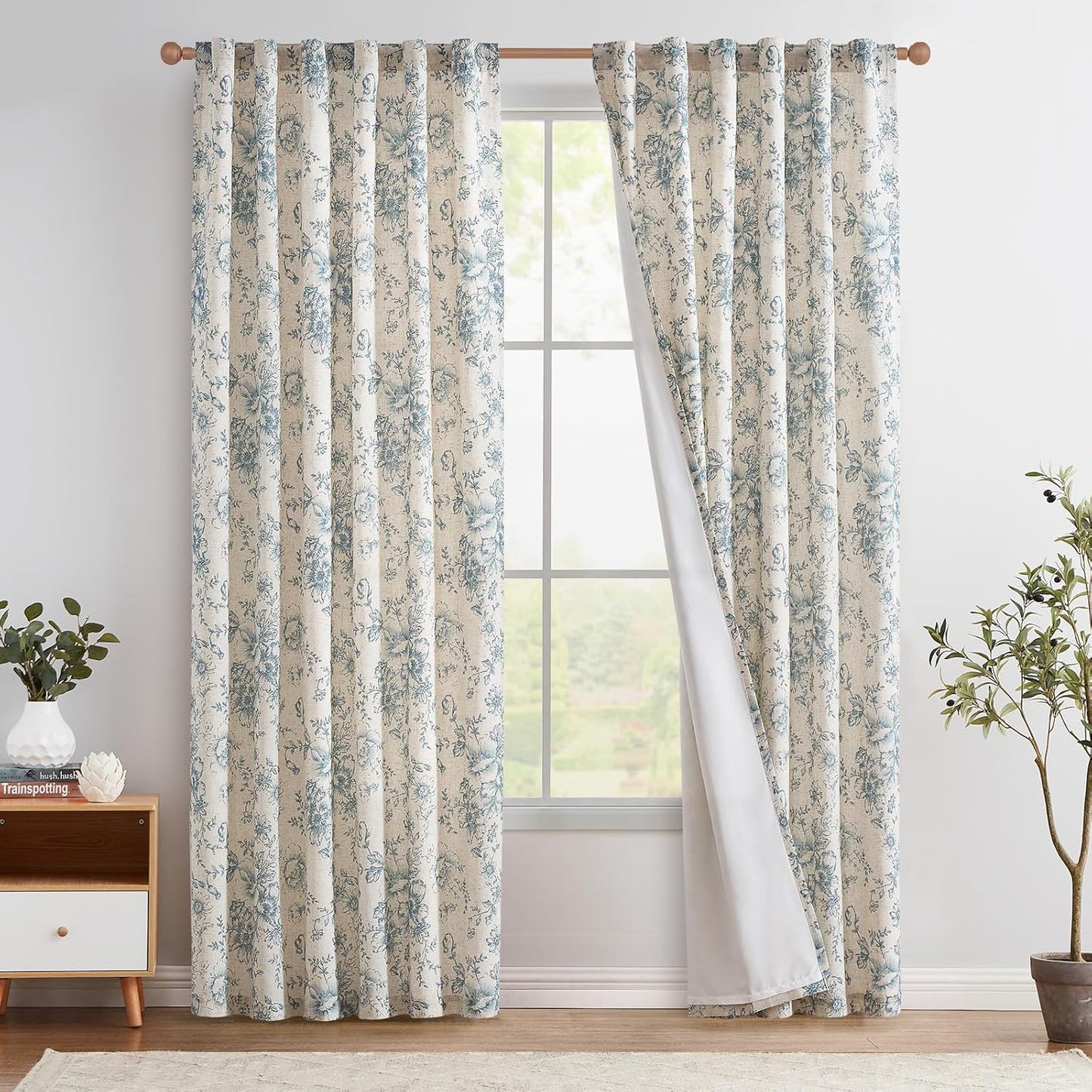 jinchan Blackout Linen Blend Curtain Floral Blackout Curtains for Living Room 84 Inch Length Black Printed with Lined Blackout Curtain for Bedroom Farmhouse Curtains Set 2 Panels