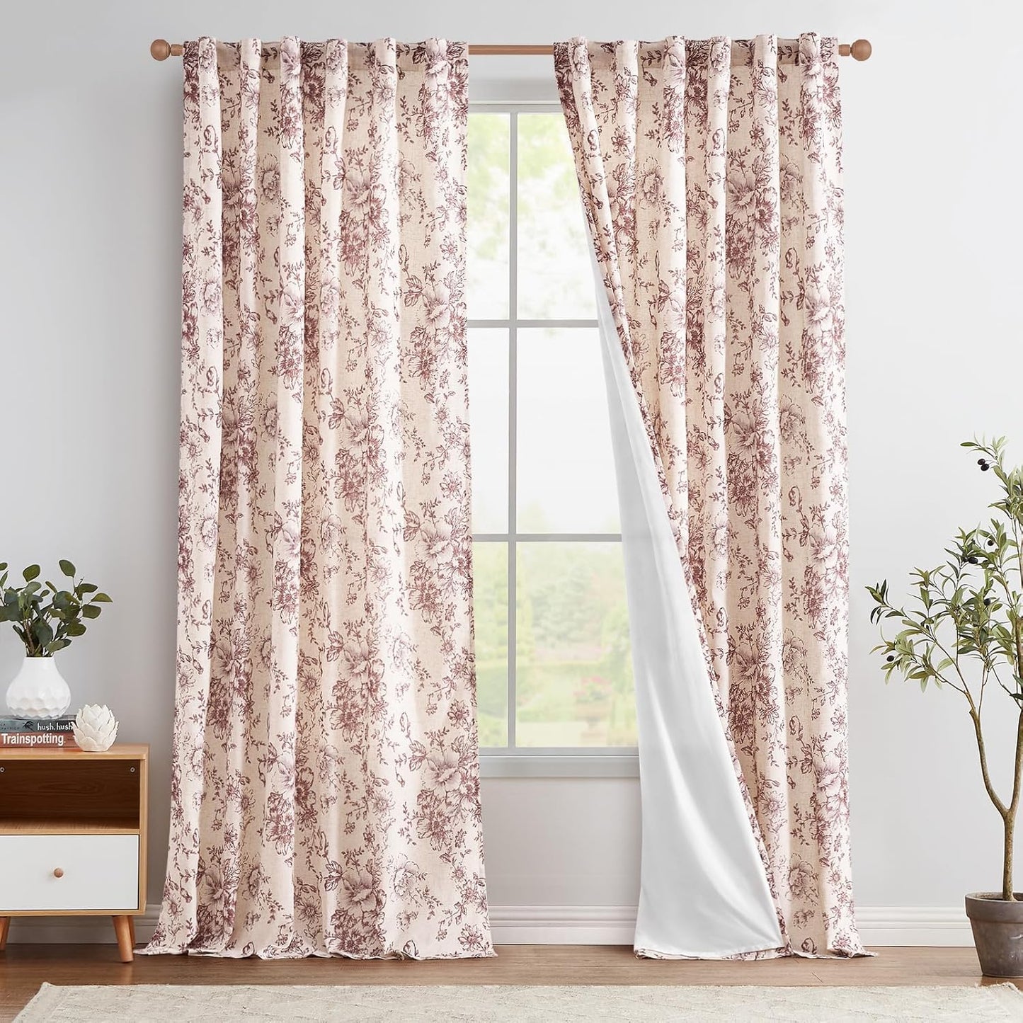 jinchan Blackout Linen Blend Curtain Floral Blackout Curtains for Living Room 84 Inch Length Black Printed with Lined Blackout Curtain for Bedroom Farmhouse Curtains Set 2 Panels