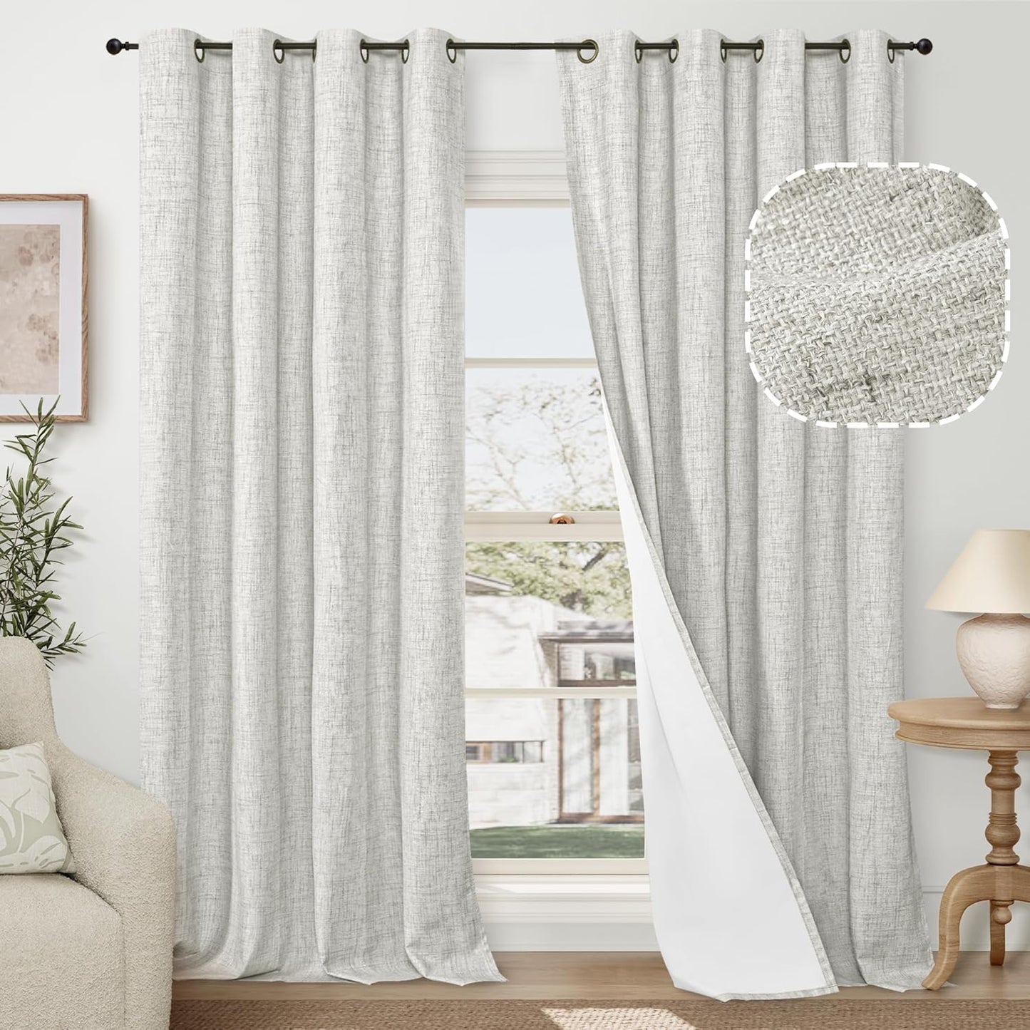 60 Inch Wide Linen Blackout Curtains for Living Room/Bedroom 84 Inch Length 2 Panels, Total Black Out Thermal Insulated Soundproof Grommet Boho Window Drapes White Liner for Modern Farmhouse, Natural