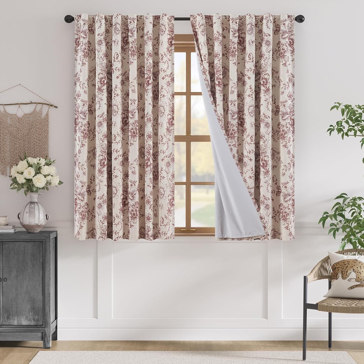 jinchan Blackout Linen Blend Curtain Floral Blackout Curtains for Living Room 84 Inch Length Black Printed with Lined Blackout Curtain for Bedroom Farmhouse Curtains Set 2 Panels