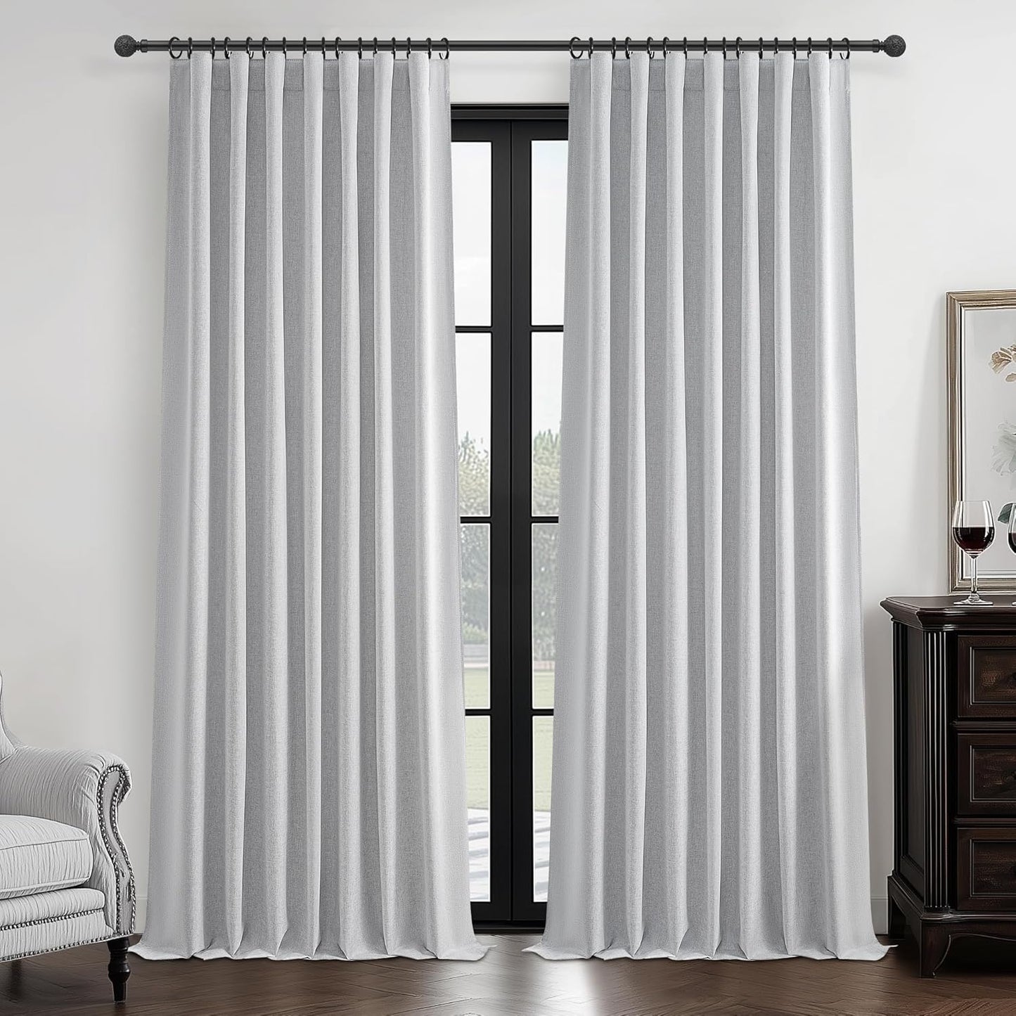 Natural Linen Blackout 92 Inch Bedroom Curtains 2 Panel Sets, Rustic Boho Cream Pleated Ceiling Track Curtain for Dining Room Heat Blocking Privacy Heavy Drape 92 Inches Long Oatmeal Back Tab