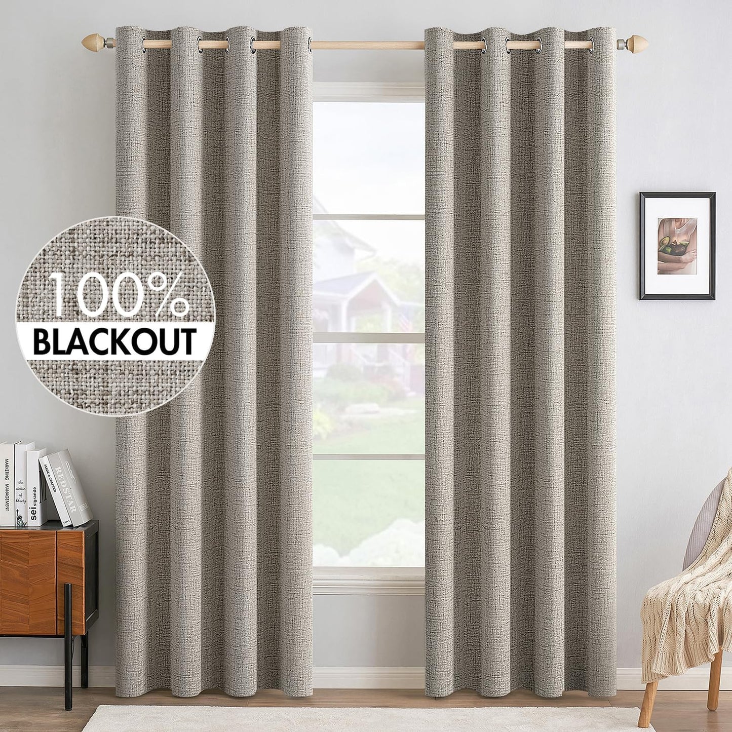 MIULEE 100% Blackout Linen Textured Curtains for Bedroom Solid Thermal Insulated Natural Beige Grommet Room Darkening Curtains & Drapes Luxury Decor for Living Room Nursery 62 x 96 Inch (2 Panels)